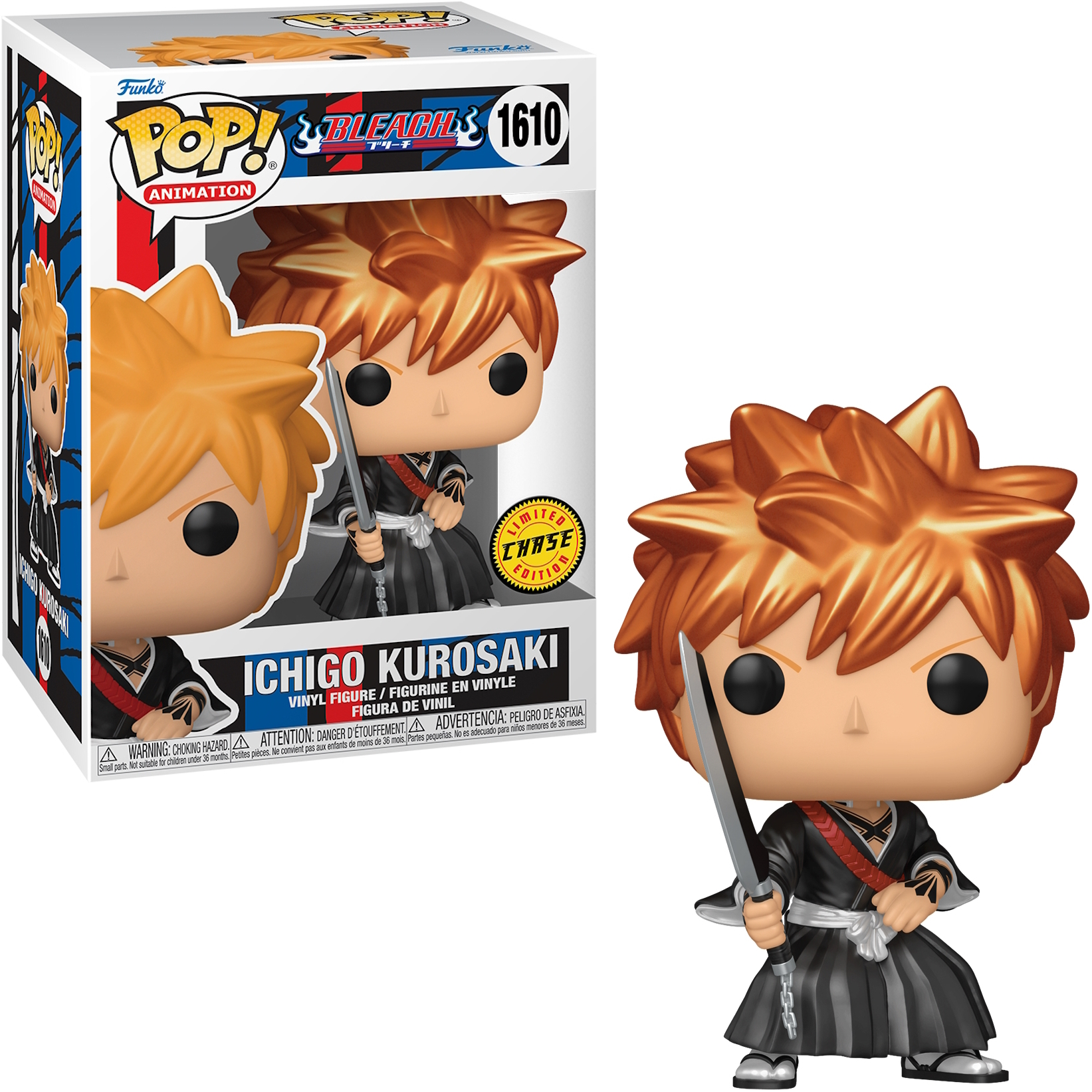Figura Funko Pop di Ichigo Kurosaki con capelli arancioni, con una spada, in una scatola.