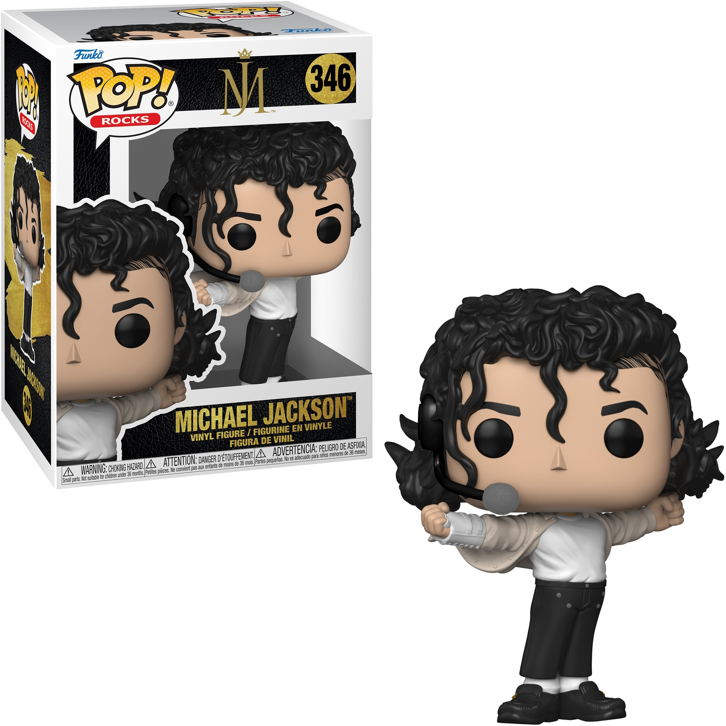 Michael Jackson Funko Pop Figur mit Box. Schwarzes Haar, weißes Hemd, schwarze Hose, Mikrofon.