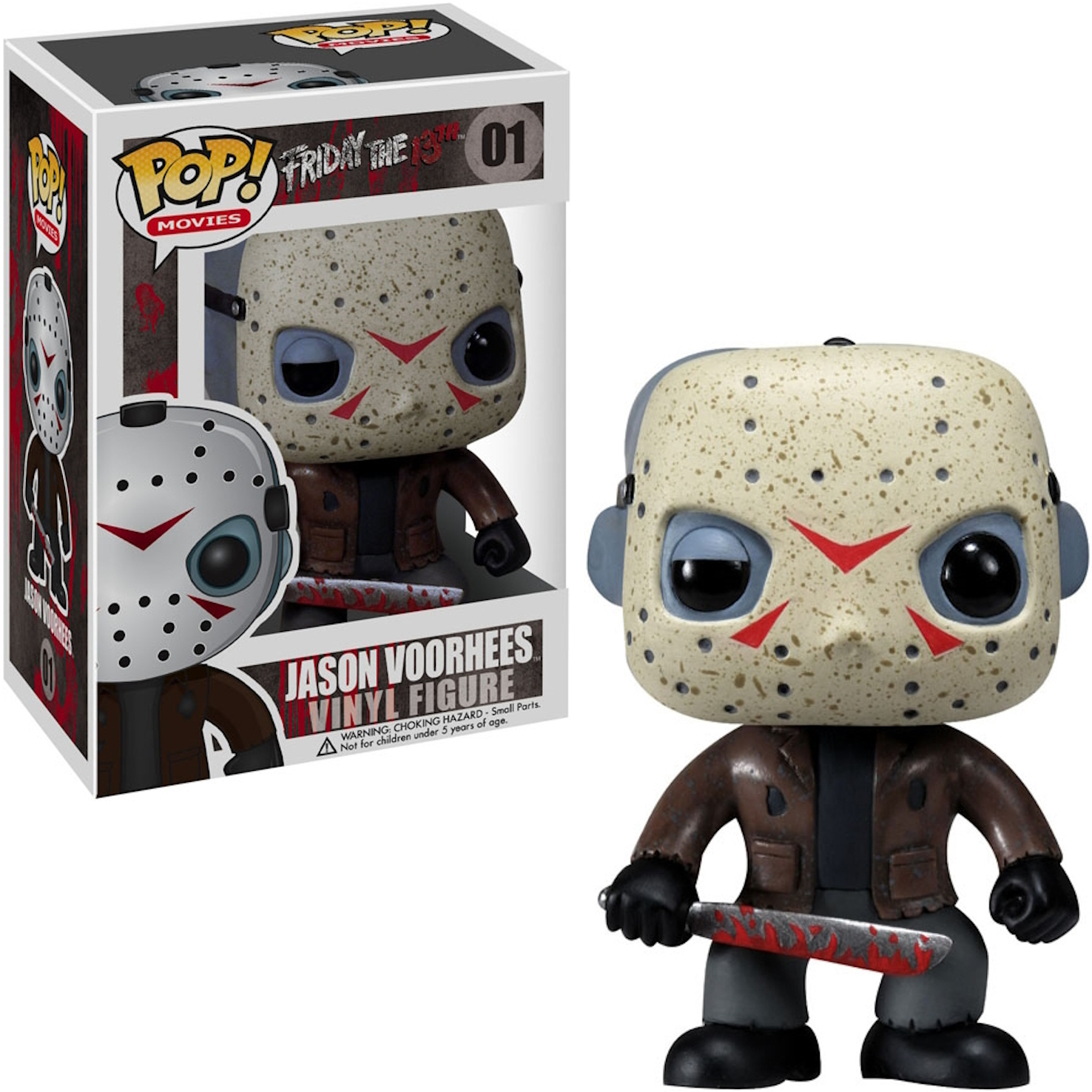 Figurka Jason Voorhees Funko Pop. Pudełko i figurka przedstawiają postać w masce i z krwawym maczetą.