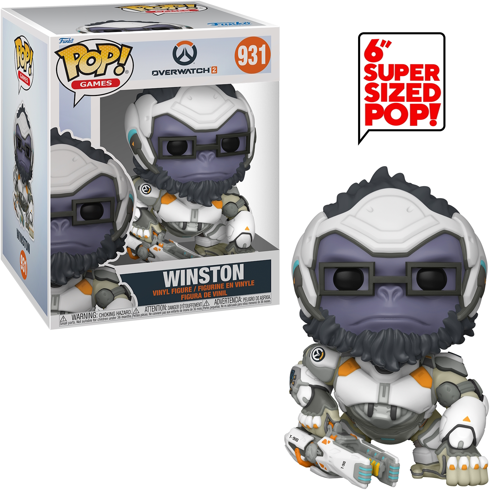 Funko Pop di Winston di Overwatch 2 nella confezione e una figura più grande di Winston.