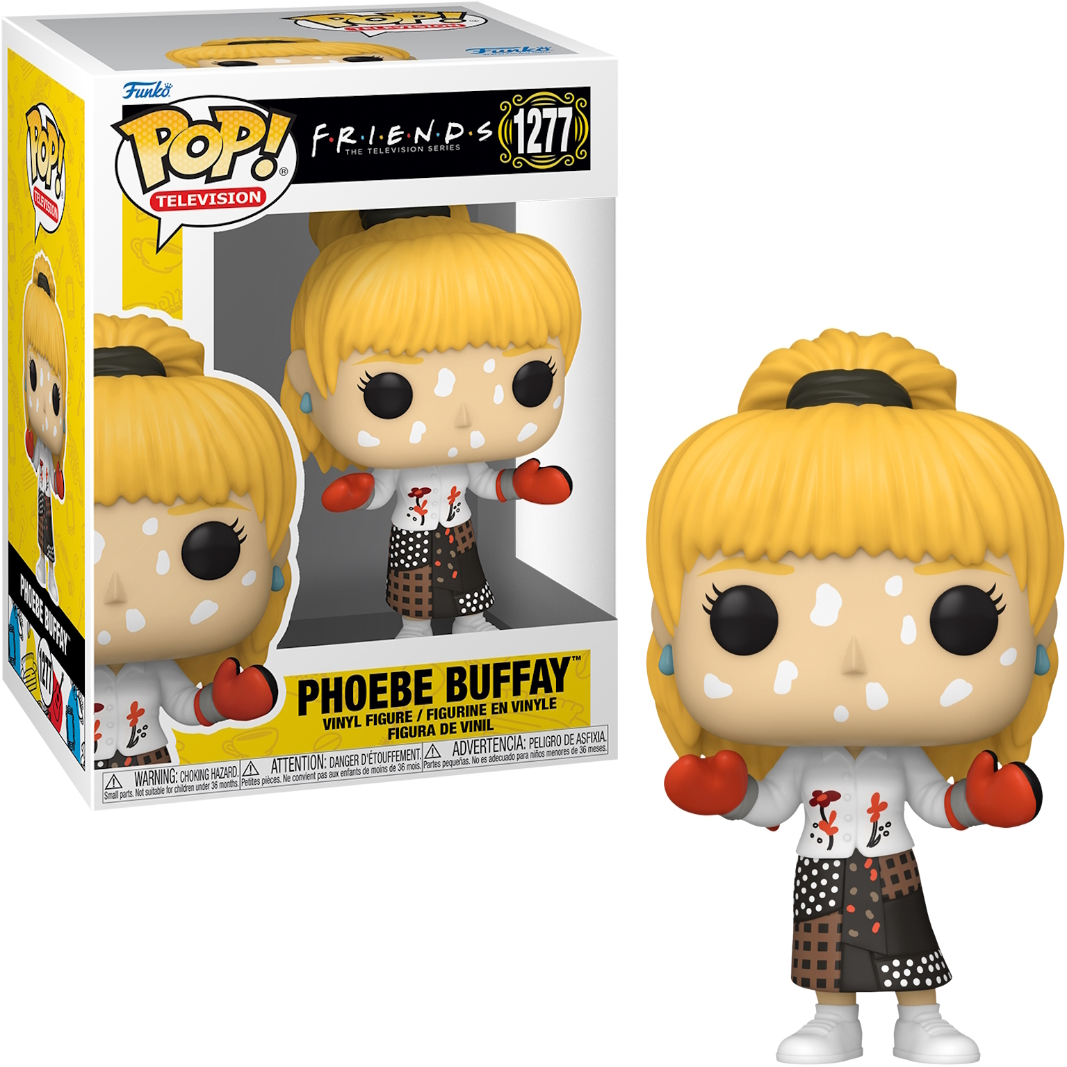 Figura di Phoebe Buffay in scatola e fuori scatola, sfondo bianco, stile cartone animato.