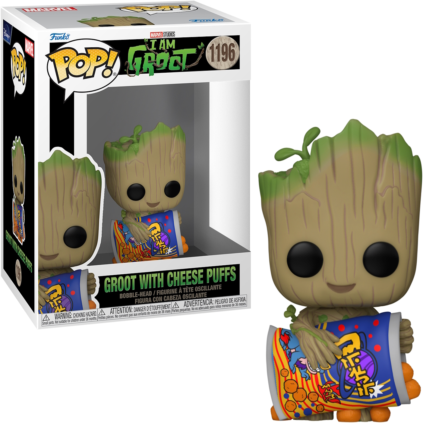 Funko Pop von Groot mit Käse-Puffs. Braune Figur, hält einen Snack.