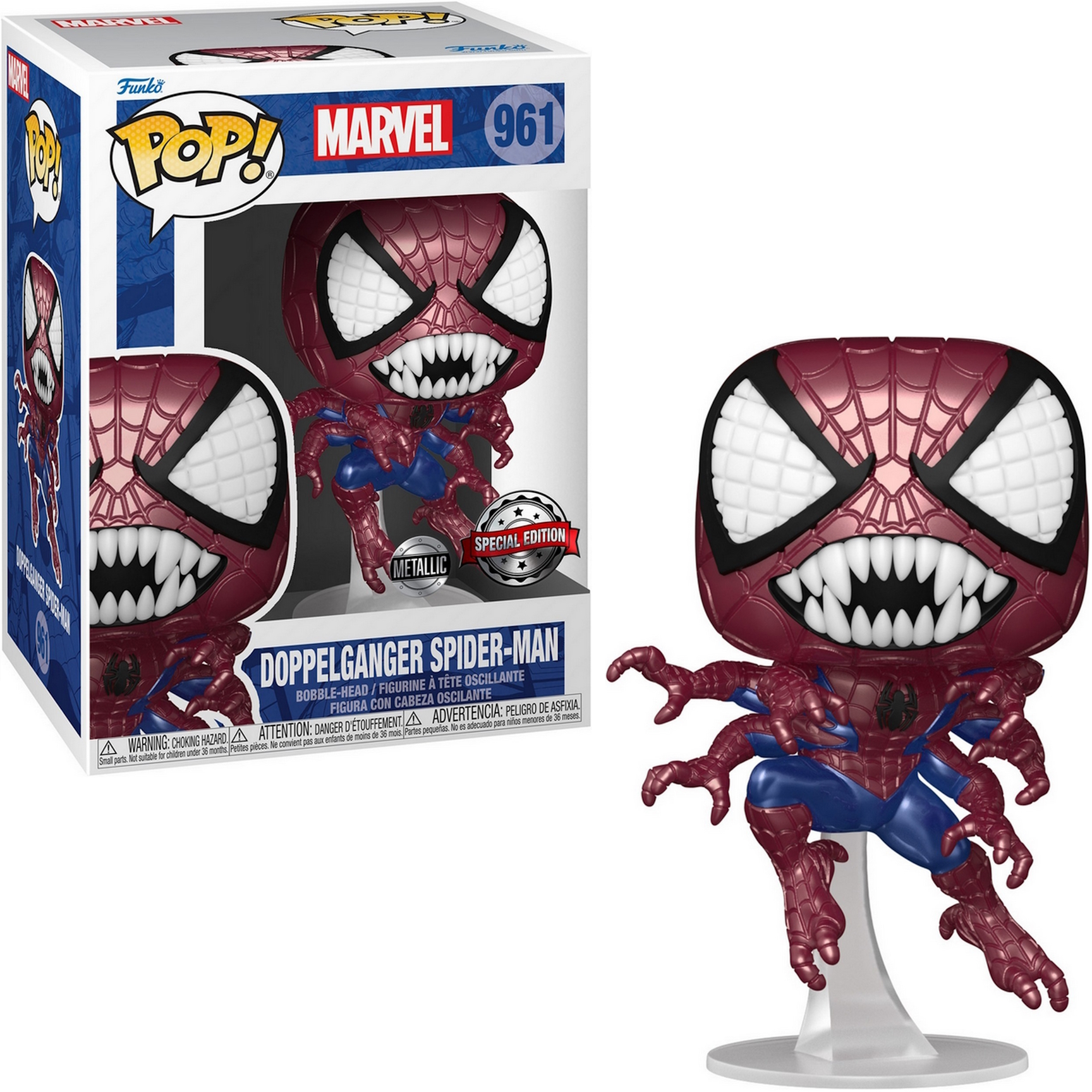 Figura di Spider-Man Doppelganger Pop! in una scatola.