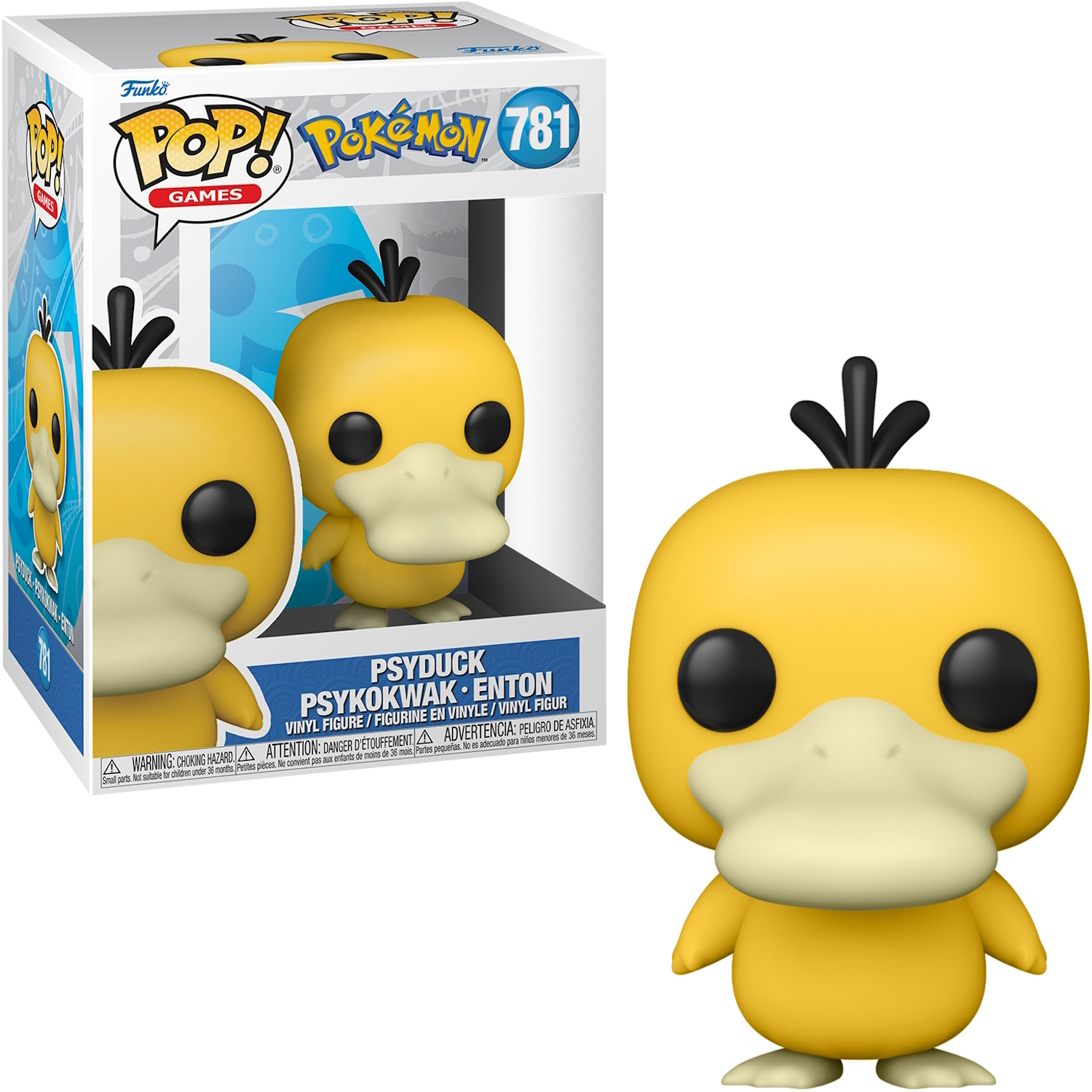 Psyduck Funko Pop Figur und Box. Die Figur ist gelb mit schwarzen Augen und einem schwarzen Haarbüschel.