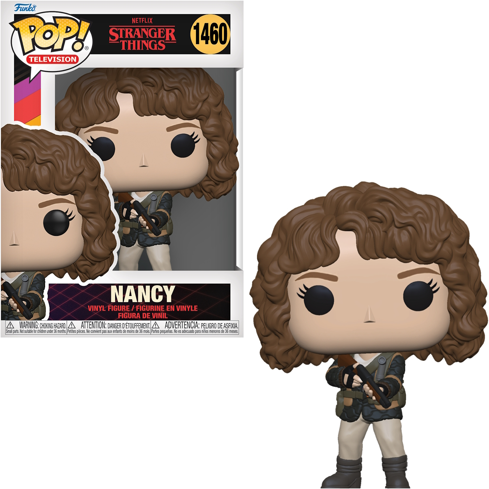 Figurka Funko Pop Nancy ze Stranger Things, trzymająca broń, w pudełku z jej wizerunkiem.