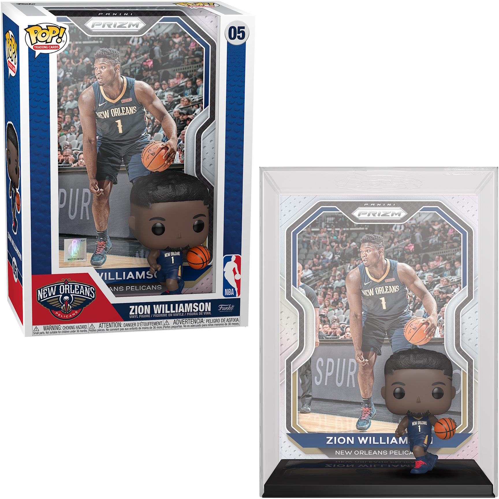 Zion Williamson Funko Pop Figur in einer Box und auf einem Ständer.