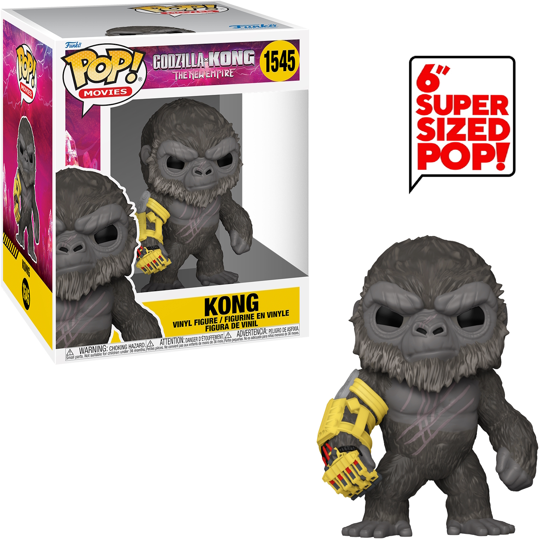 Figurka Kong Funko Pop z pudełkiem. Szara figurka, żółte ramię. Białe tło.