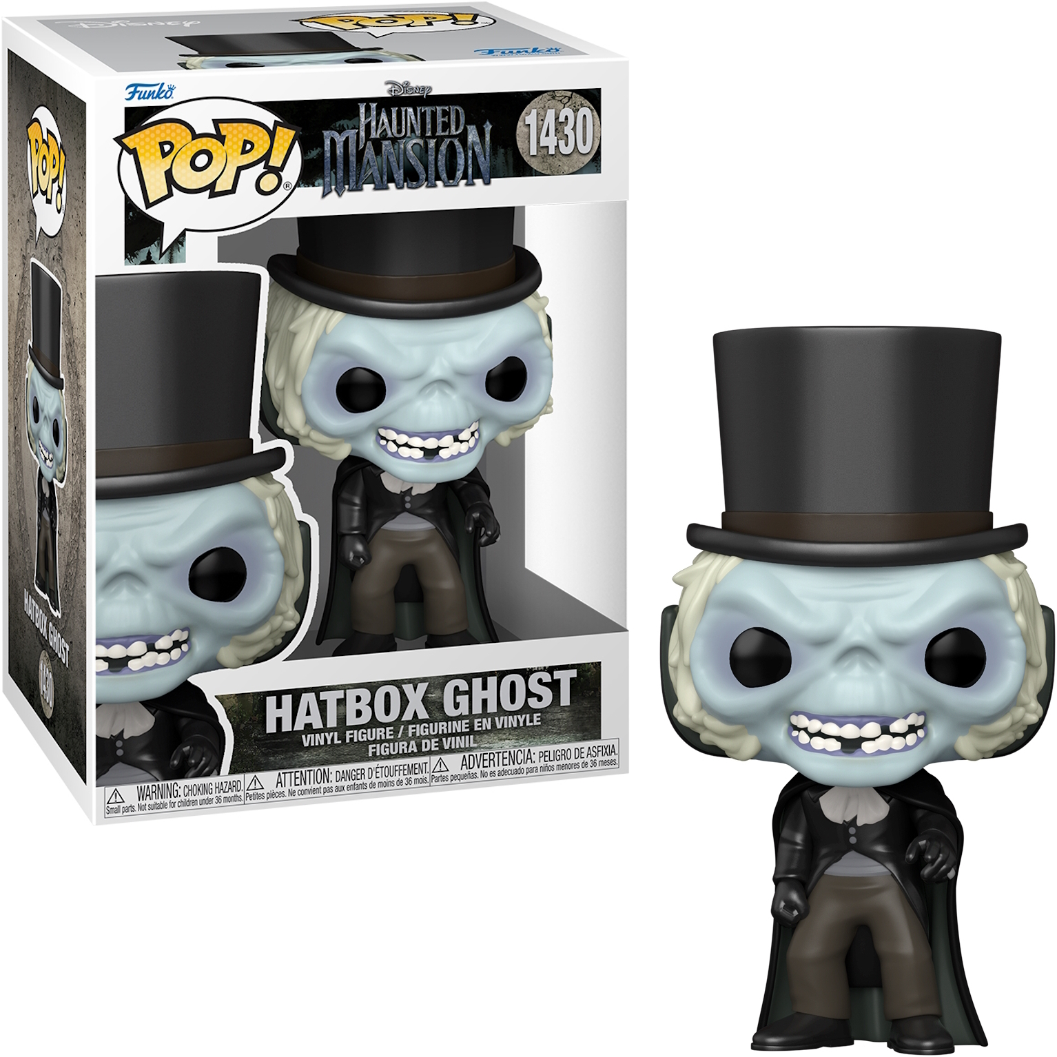 Figura Funko Pop di Hatbox Ghost, in scatola. Fantasma con cappello a cilindro e mantello. Tema Haunted Mansion.