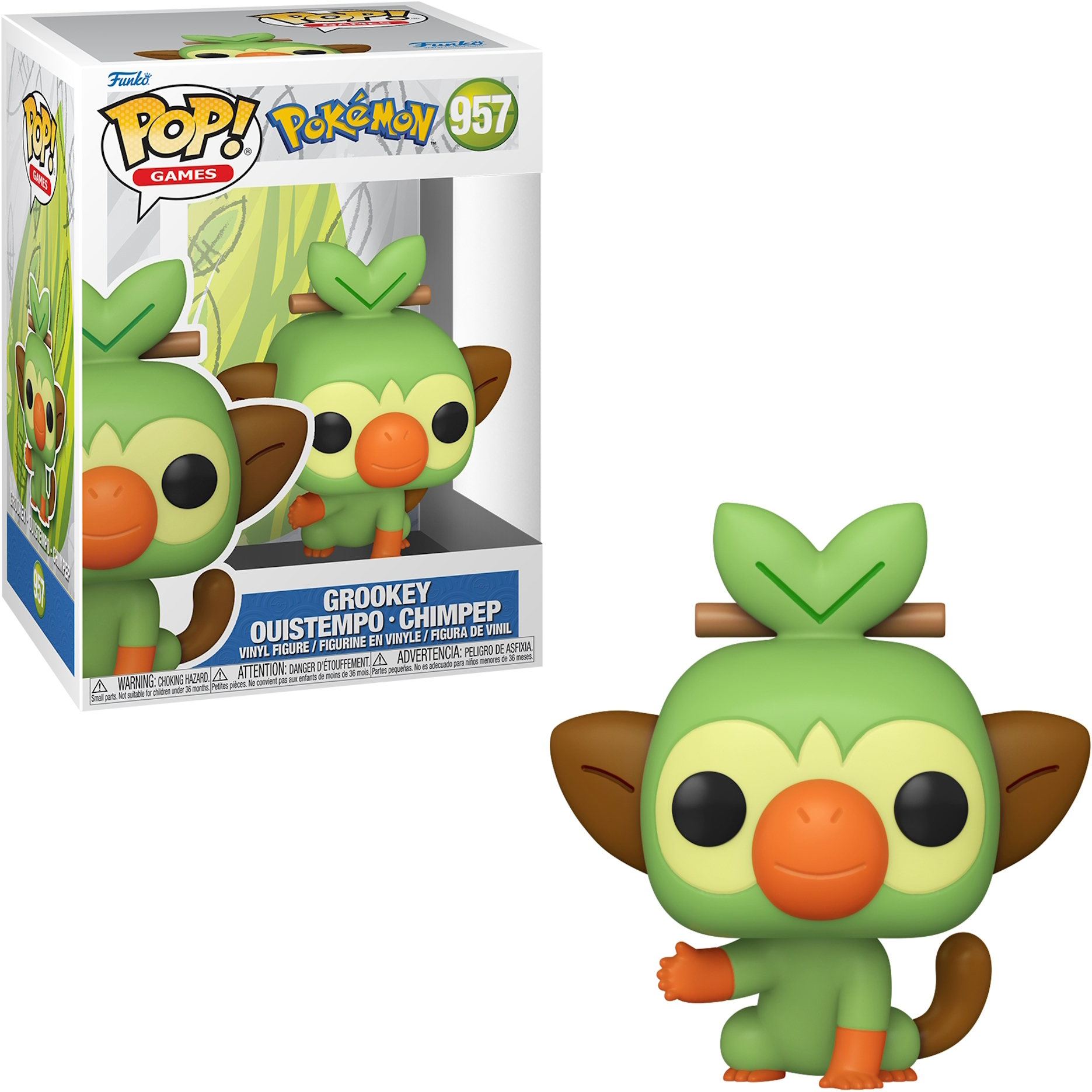 Figurka winylowa Pop! Grookey z Pokémon, w pudełku i poza nim.