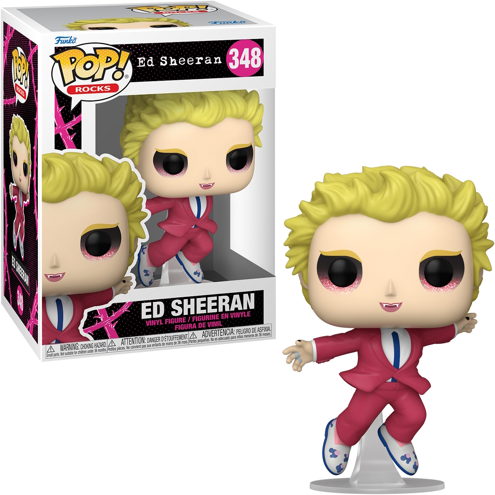 Ed Sheeran Funko Pop Figur in rotem Anzug, der ein Mikrofon hält.