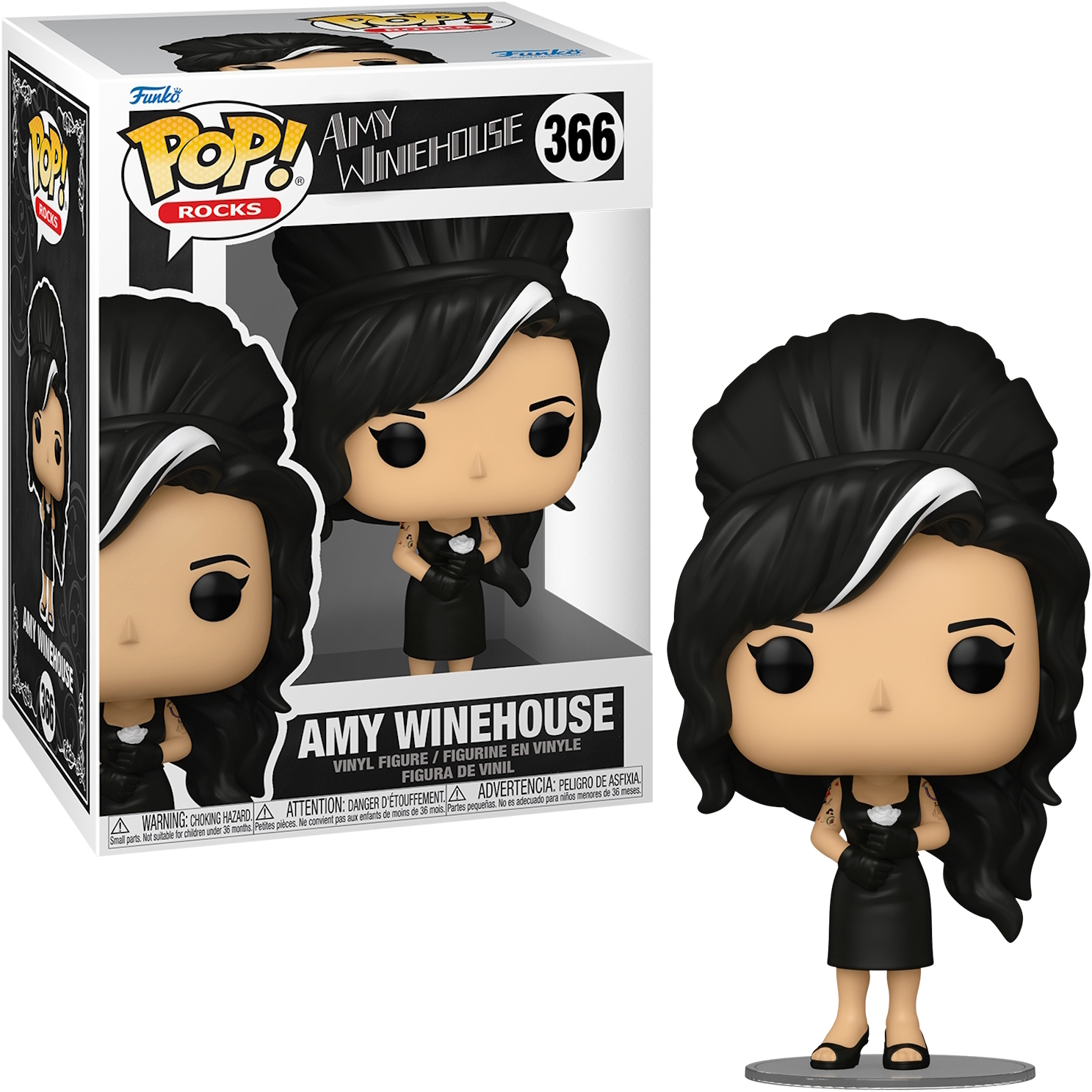 Amy Winehouse Funko Pop Figur mit Box, schwarzem Kleid, hohem Haar, ausgestellt.