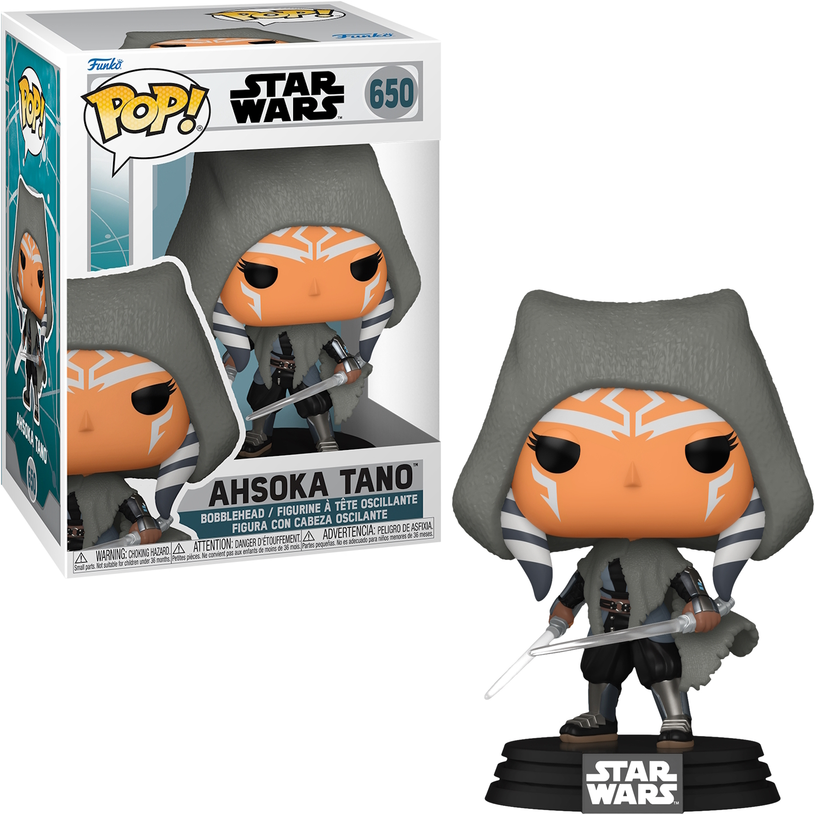 Ahsoka Tano Funko Pop Figur mit Kapuze, hält Lichtschwerter und eine Star Wars Box.