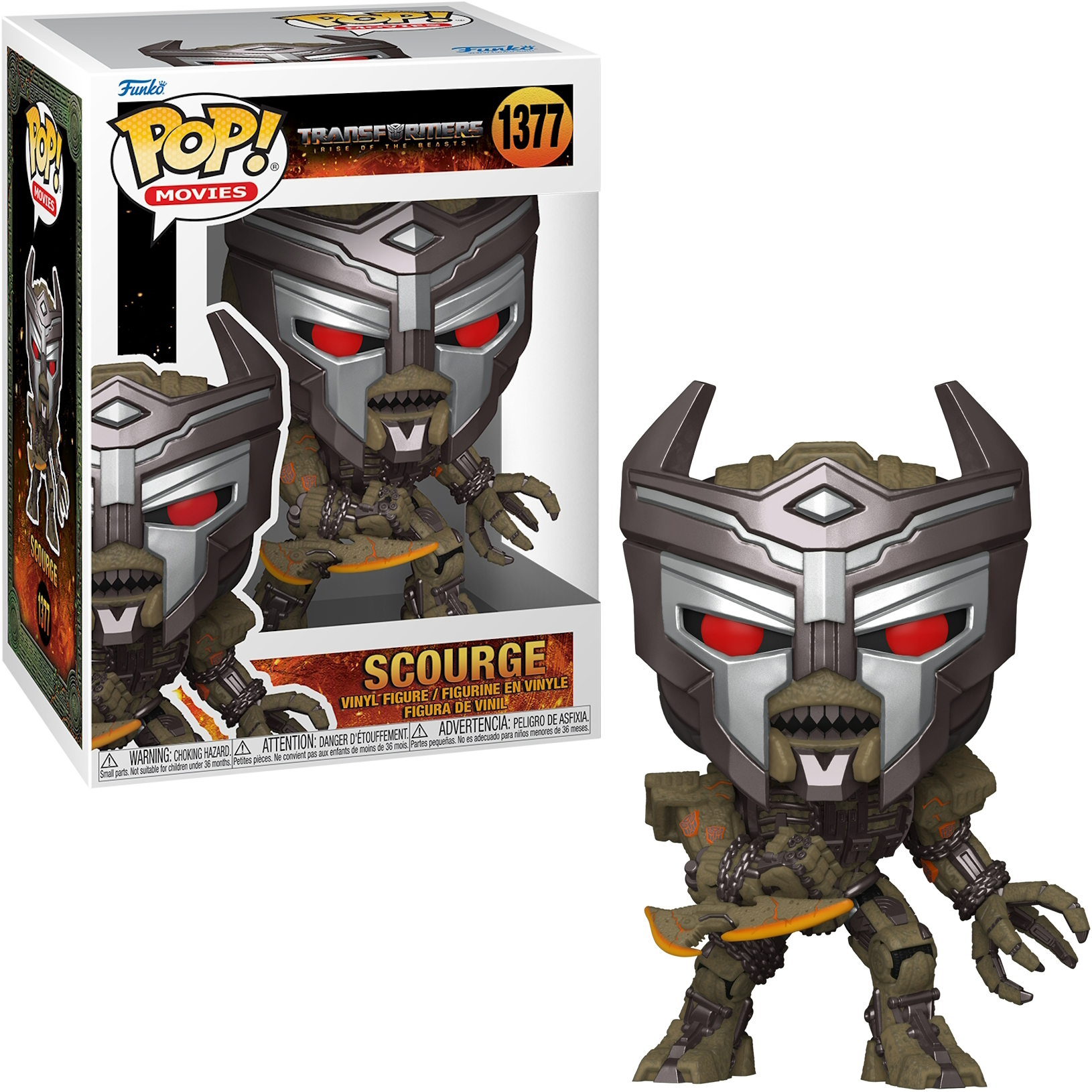 Una figura Funko Pop di Scourge da Transformers. La scatola e la figura sono visibili.