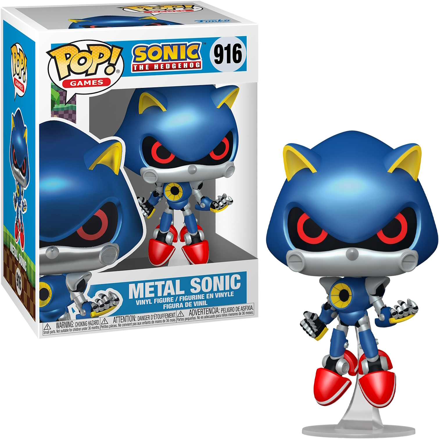 Figura di Metal Sonic in una scatola. Robot blu con occhi e scarpe rosse. Orecchie gialle. La scatola dice Sonic the Hedgehog.