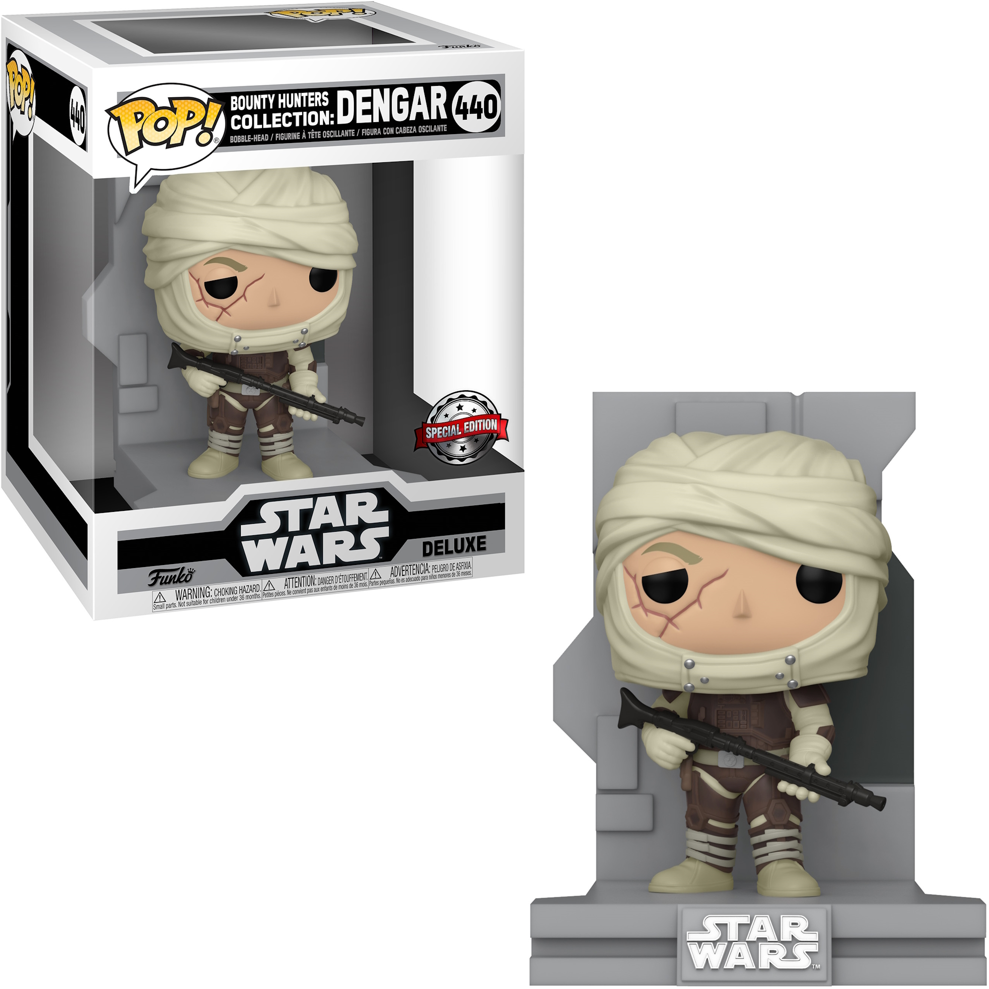 Dengar-Figur aus Star Wars, in und aus der Box, mit einer Waffe.