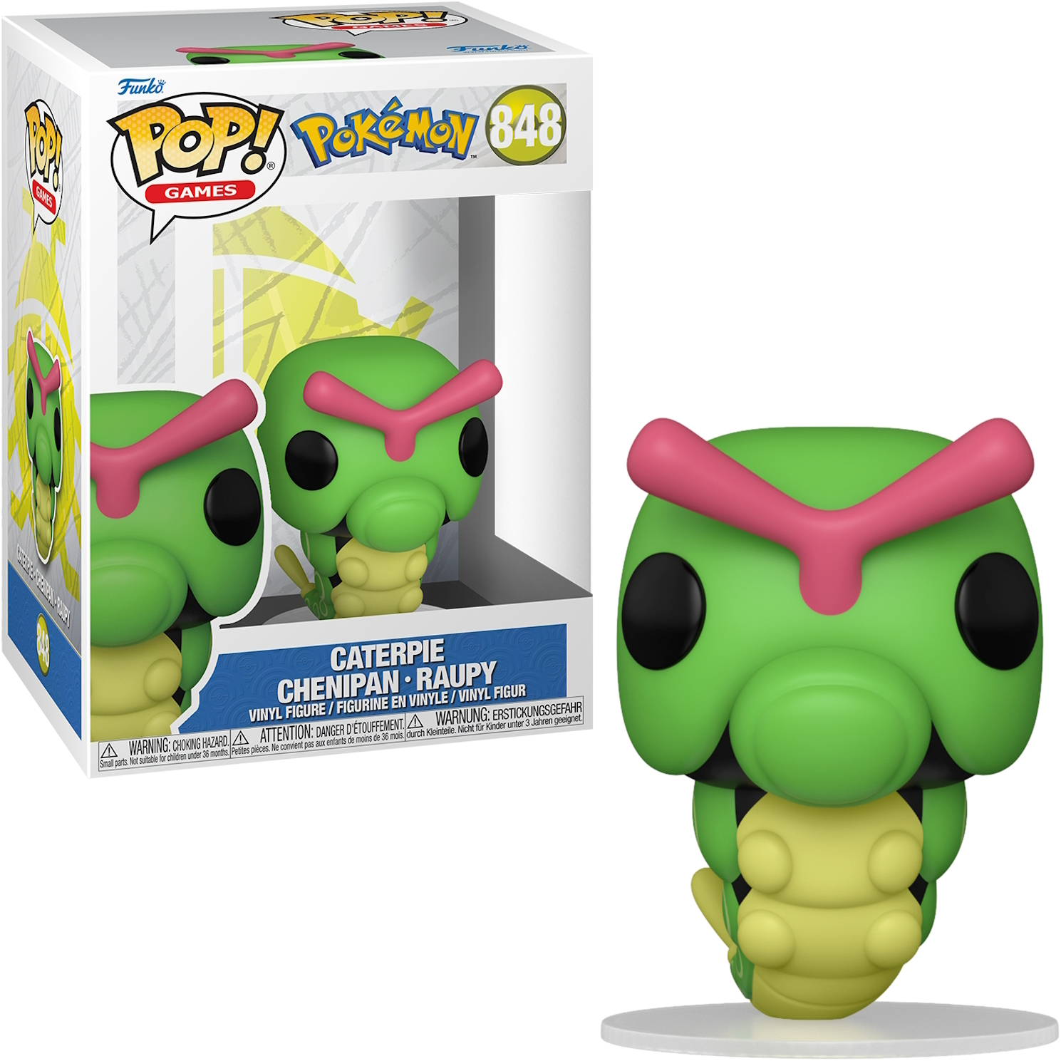 Funko Pop de Caterpie de Pokémon. La figura es verde con una antena rosa.