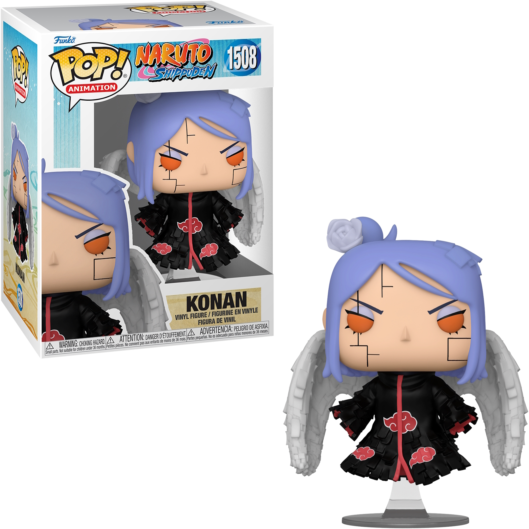 Figura Funko Pop di Konan e scatola. Ha i capelli blu, ali e indossa una veste nera.