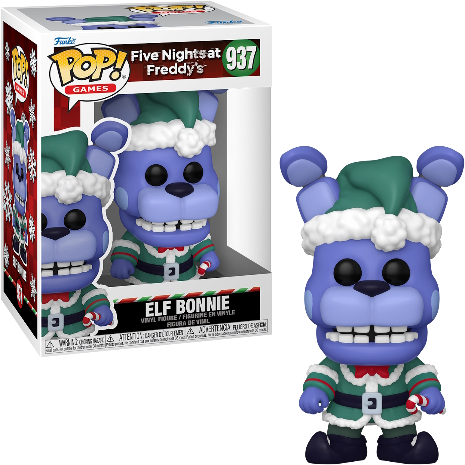 Figura Funko Pop de Elf Bonnie con caja, vestida de elfo y sosteniendo un bastón de caramelo.