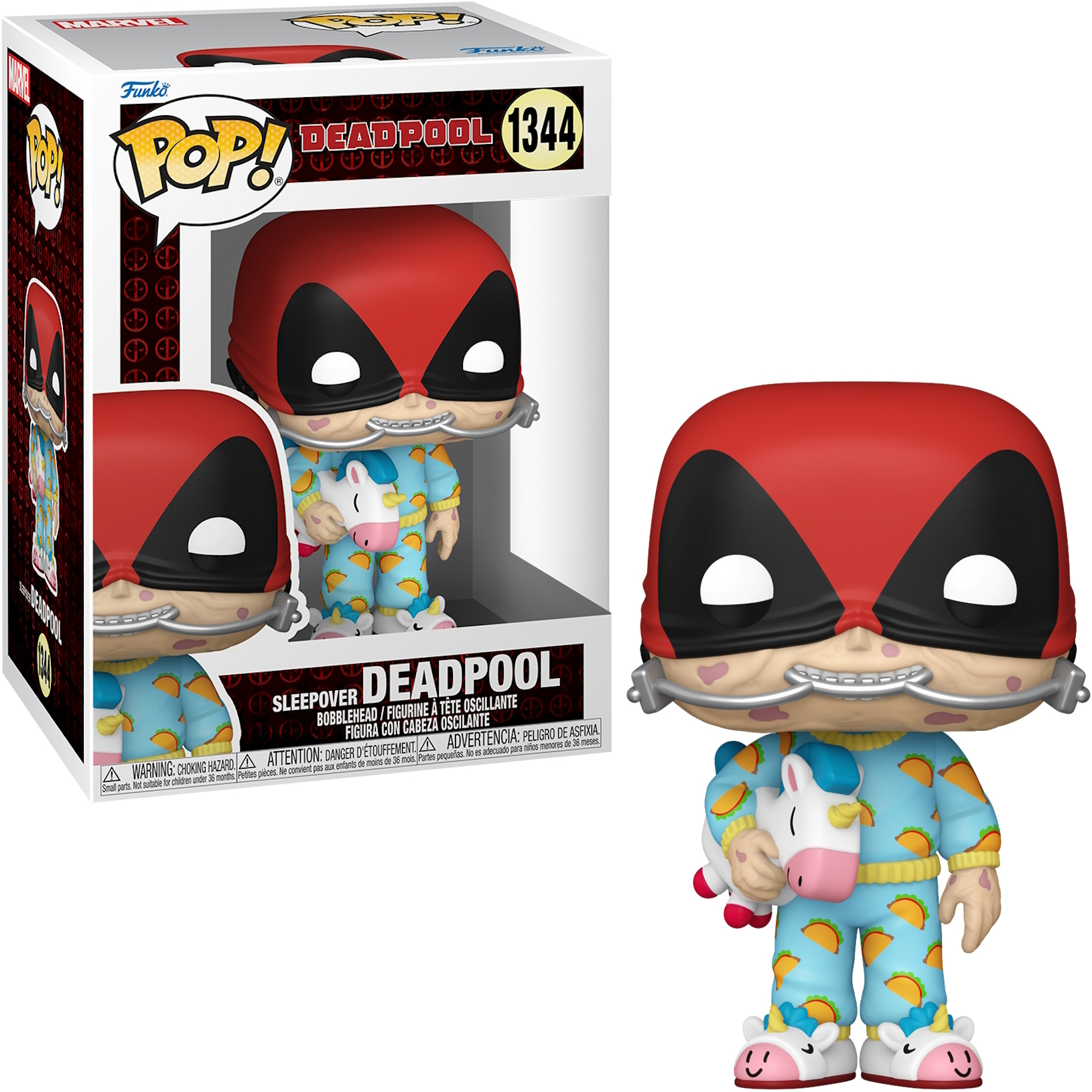 Figura di Deadpool Funko Pop in pigiama, con un giocattolo a forma di unicorno. Mostrata anche la versione in scatola.
