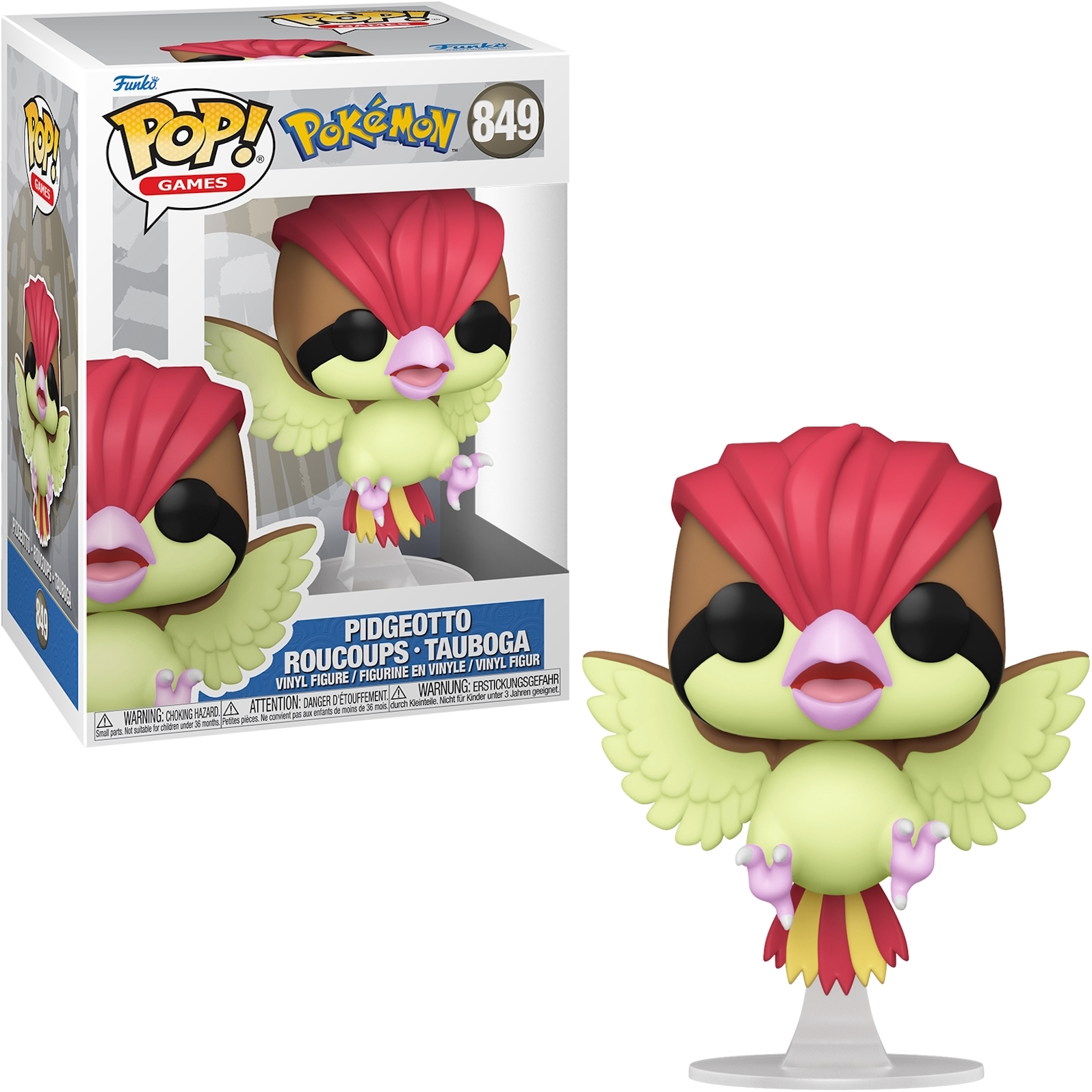 Figura de Pidgeotto. Pájaro marrón, verde y rojo con alas extendidas, sobre un soporte.