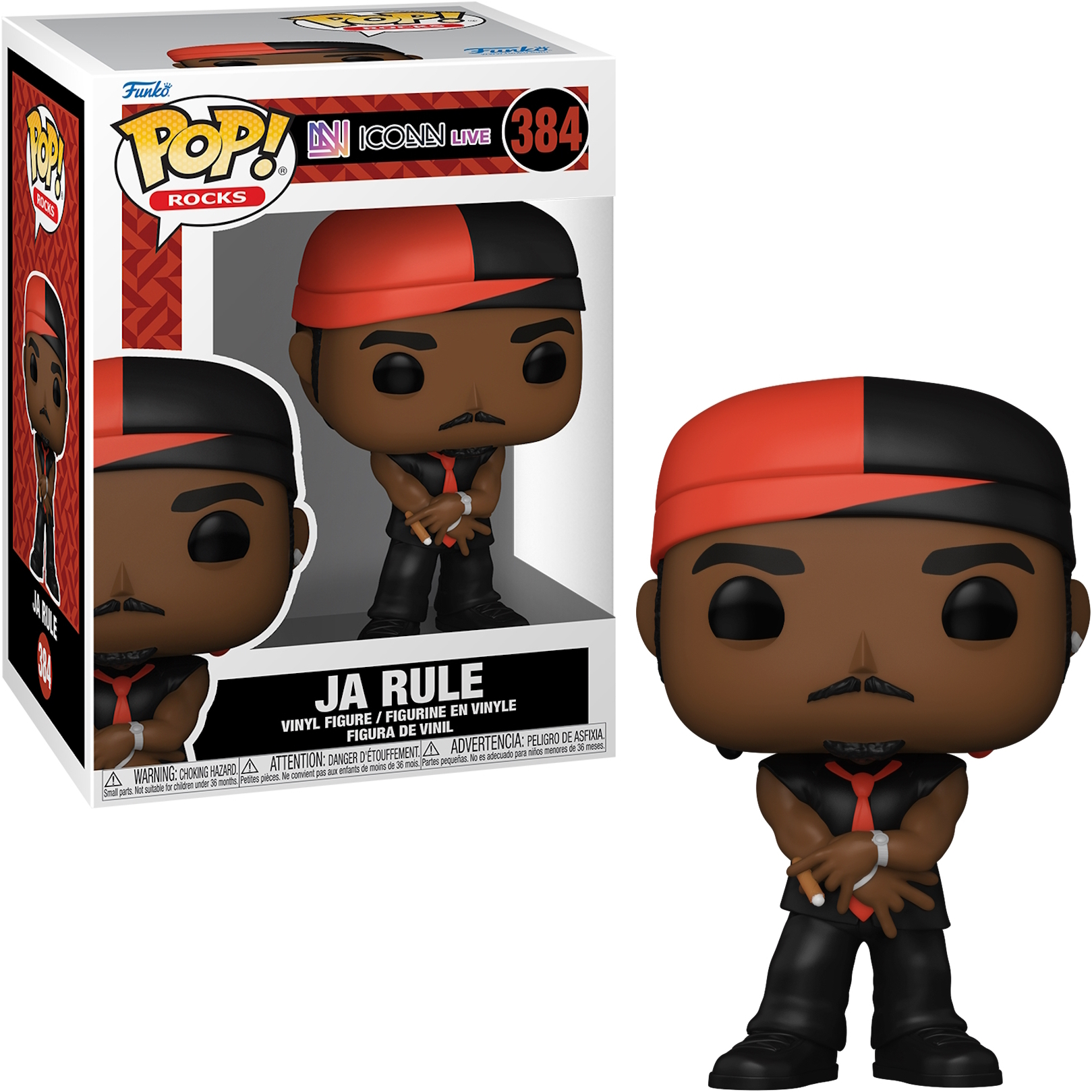 Personaggio Funko Pop di Ja Rule. Uomo nero con cappello rosso e nero, braccia conserte. Scatola.