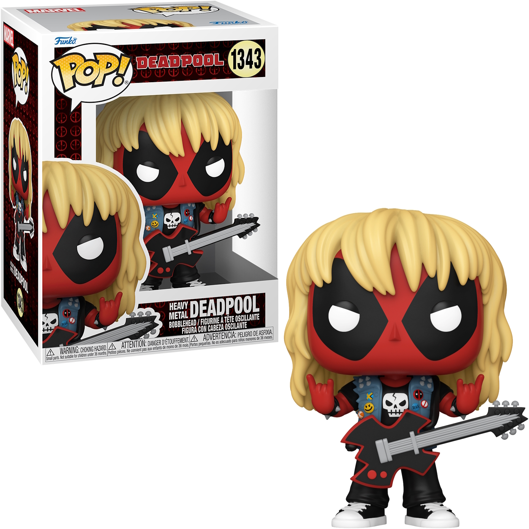 Funko Pop di Deadpool in abito da rock star con scatola.