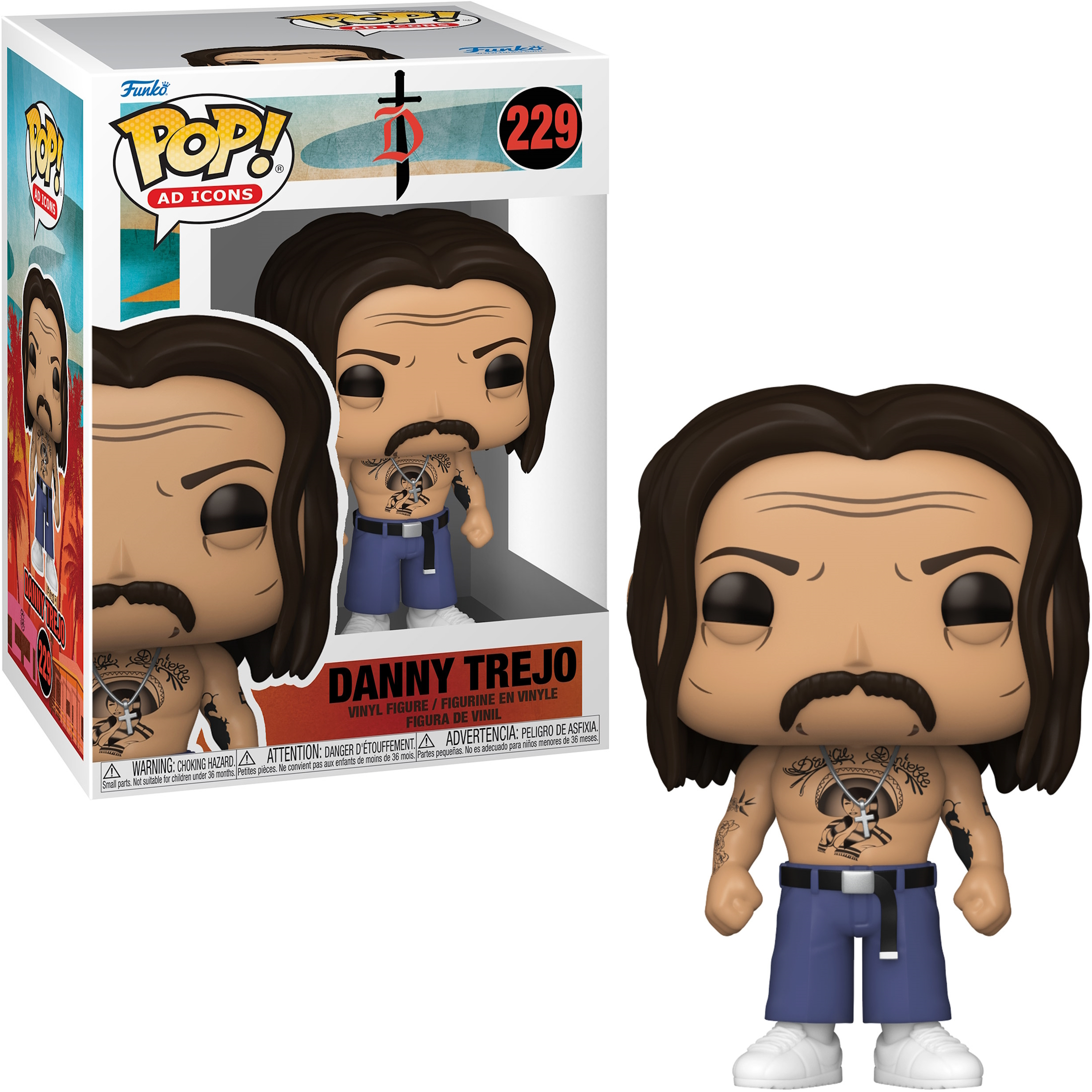 Danny Trejo Figur. Box-Art mit Bild und Logo. Weißer Hintergrund.