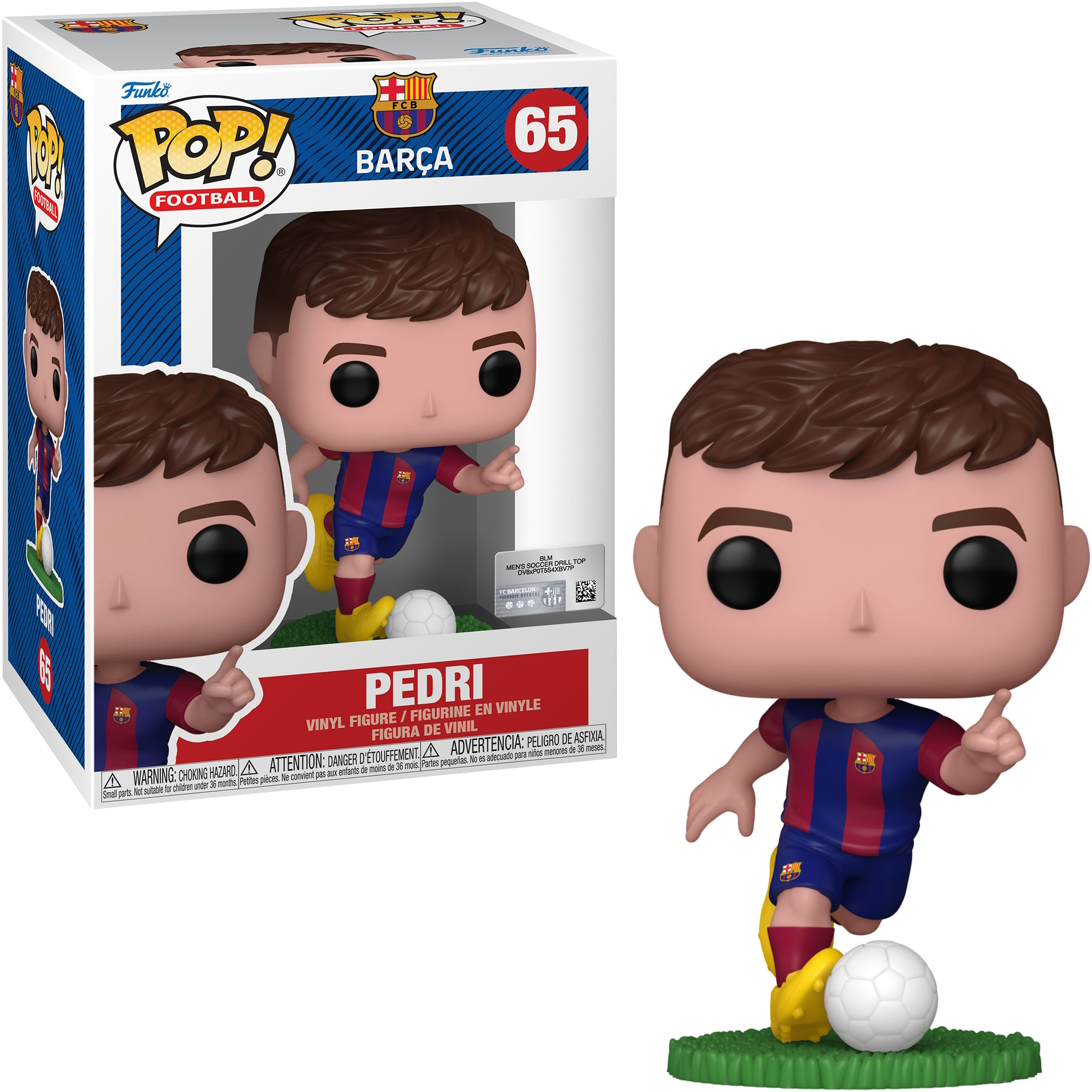 Eine Funko Pop Figur von Pedri vom FC Barcelona, in Fußballuniform, mit einem Fußball und einer Box.