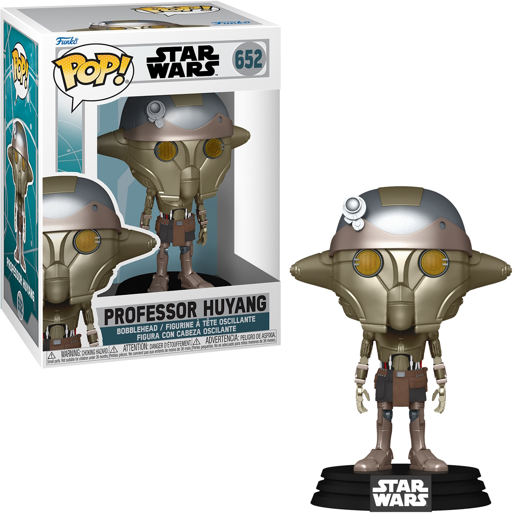 Professor Huyang Funko Pop Figur in und außerhalb der Box. Roboterartiger Kopf, goldener Körper, schwarze Basis.