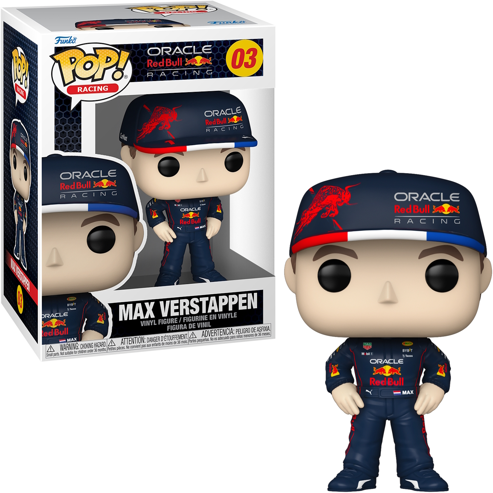 Figurka Funko Pop Maxa Verstappena w kombinezonie Red Bull.