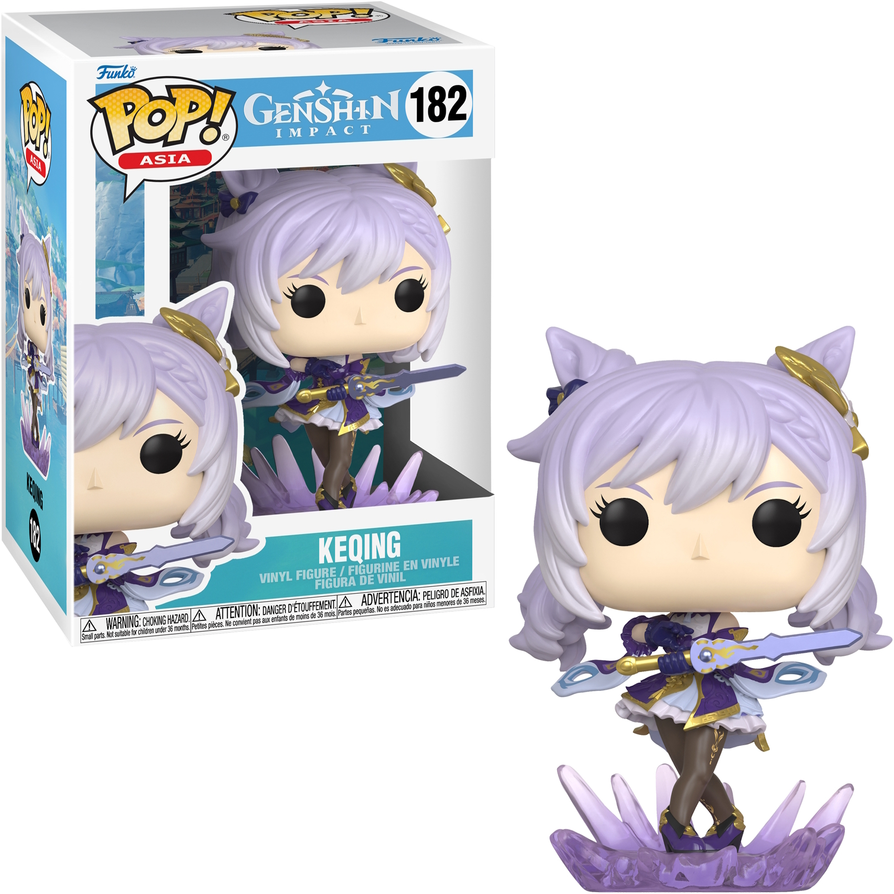 Figura in vinile Keqing POP! in scatola ed esposta, con dettagli viola e oro.