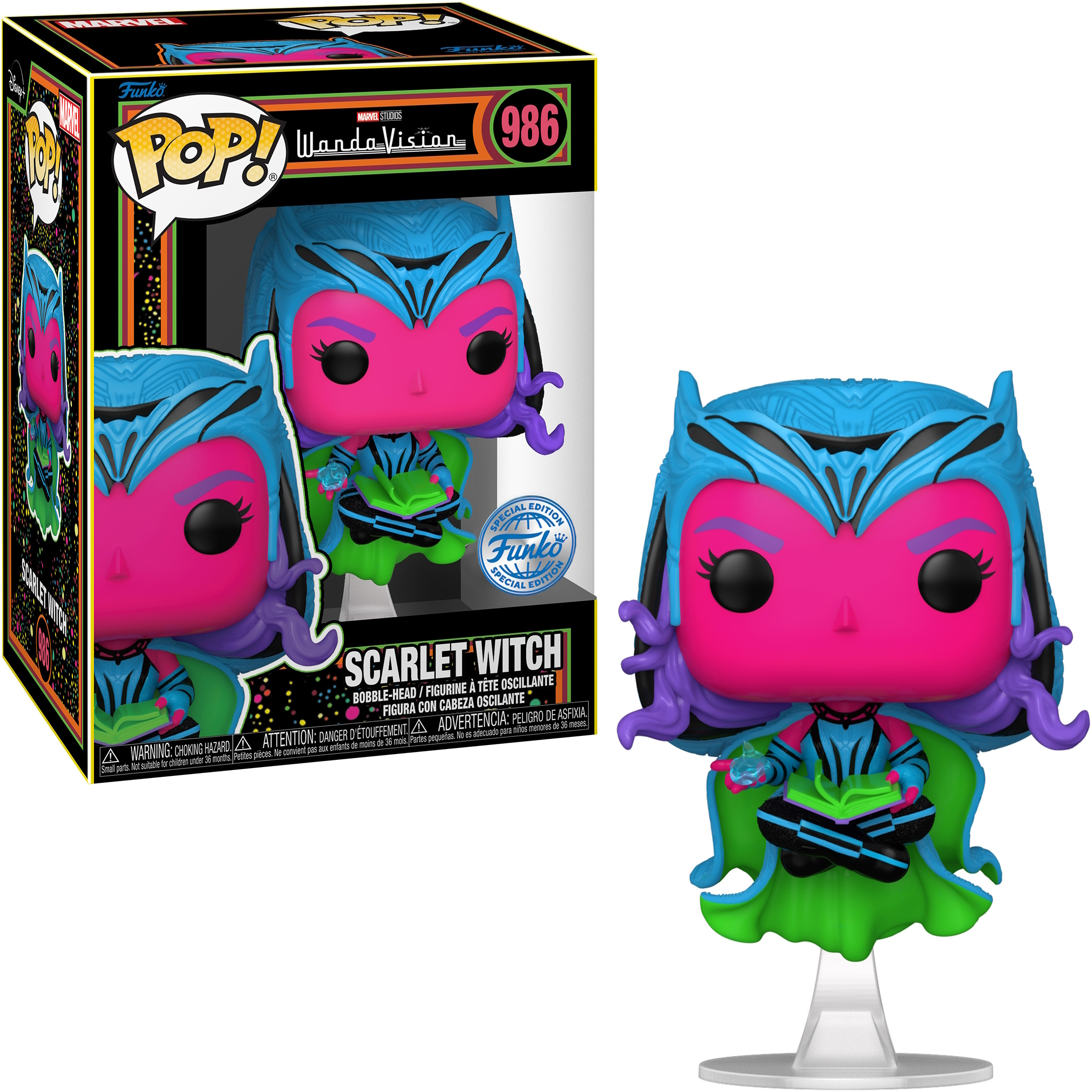 Funko Pop Figur. Scarlet Witch mit Ständer und Box. Pink und blau.