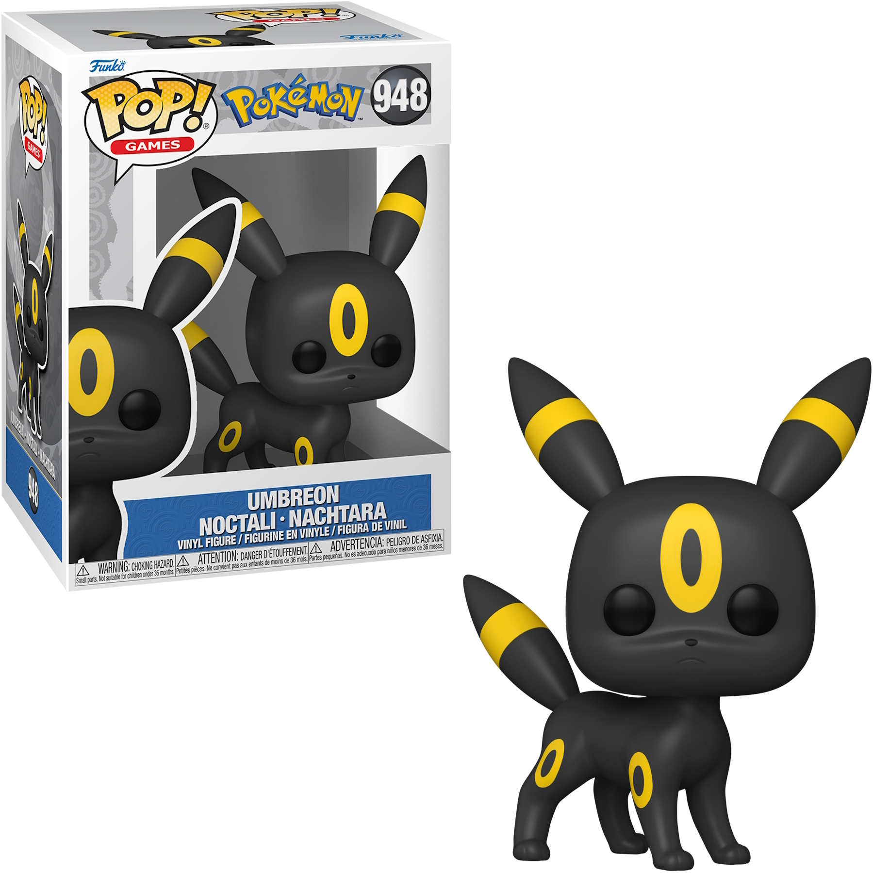 Figura de Umbreon en caja y sola, negra con anillos amarillos. Sus orejas y cola son amarillas.