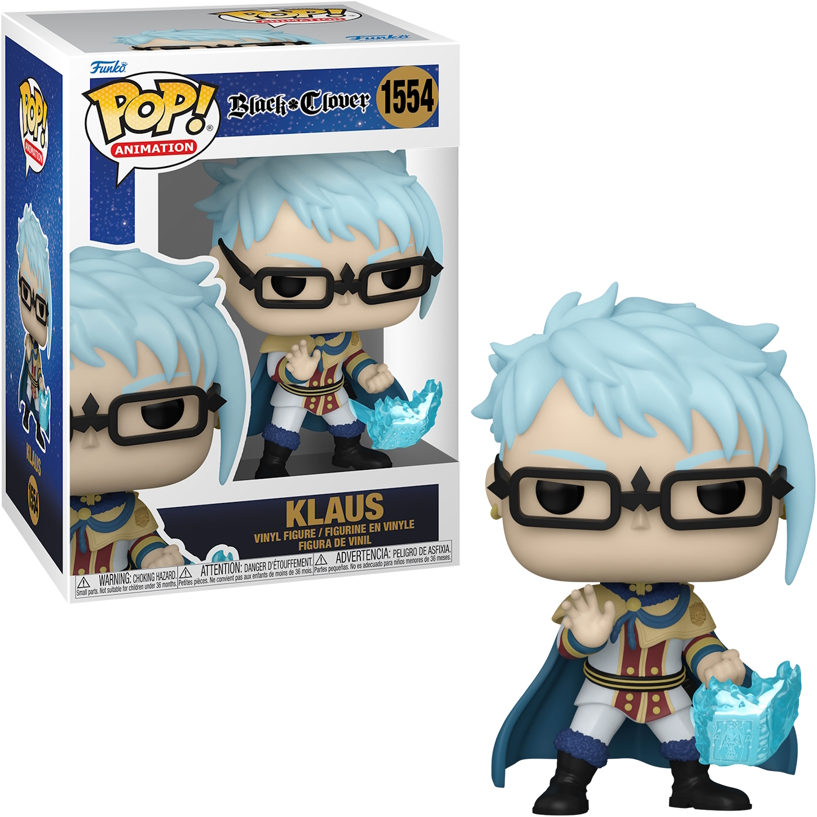 Funko Pop di Klaus da Black Clover, con capelli blu e magia.