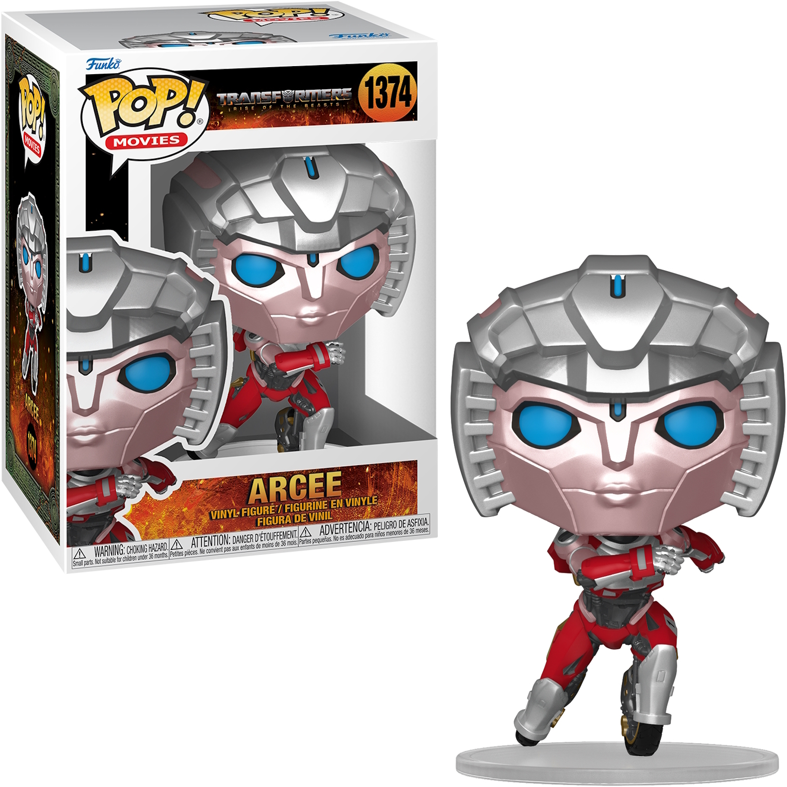 Figura Funko Pop! di Arcee da Transformers, in scatola e da sola. Rosso e argento con occhi blu.