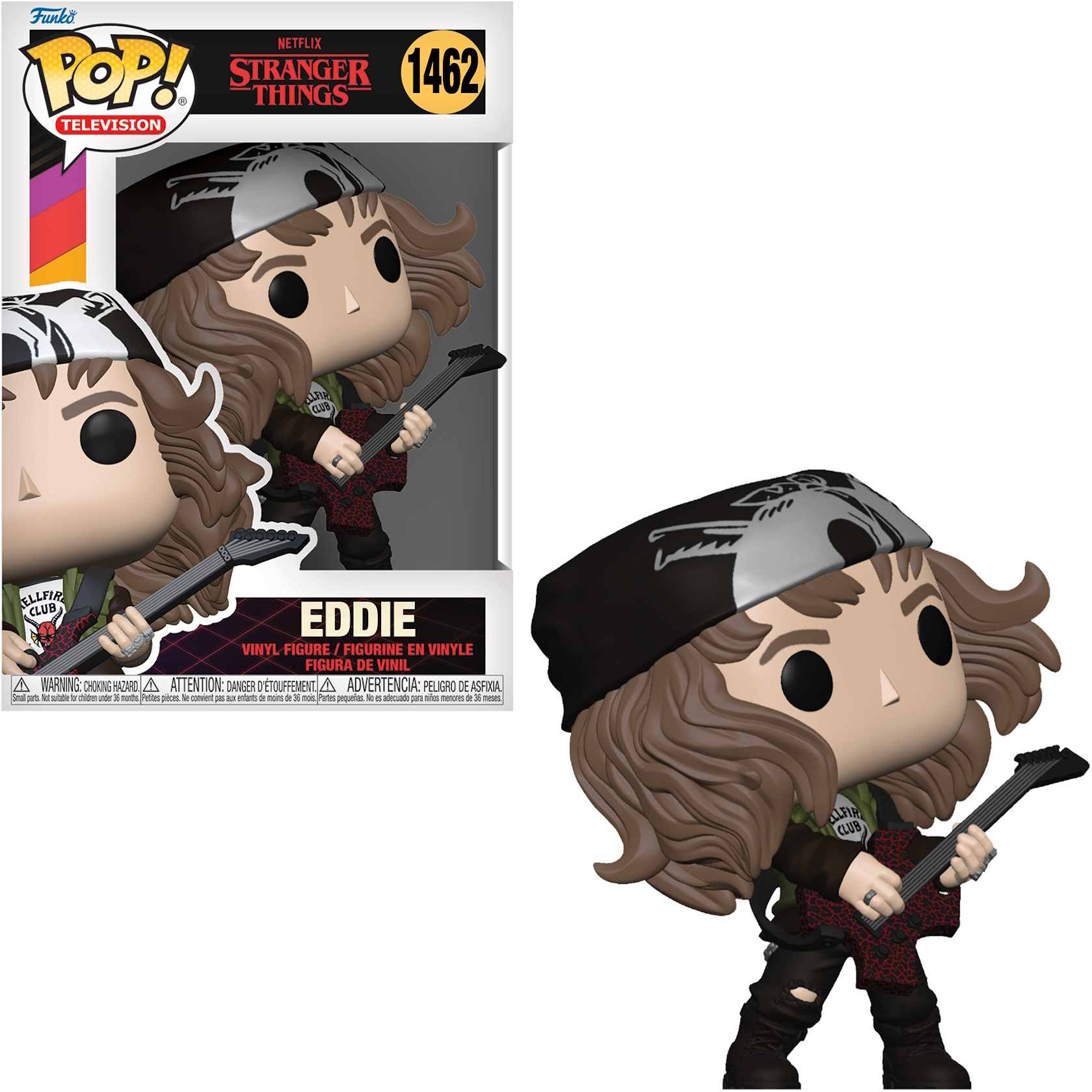Funko Pop de Eddie de Stranger Things con guitarra, con caja.