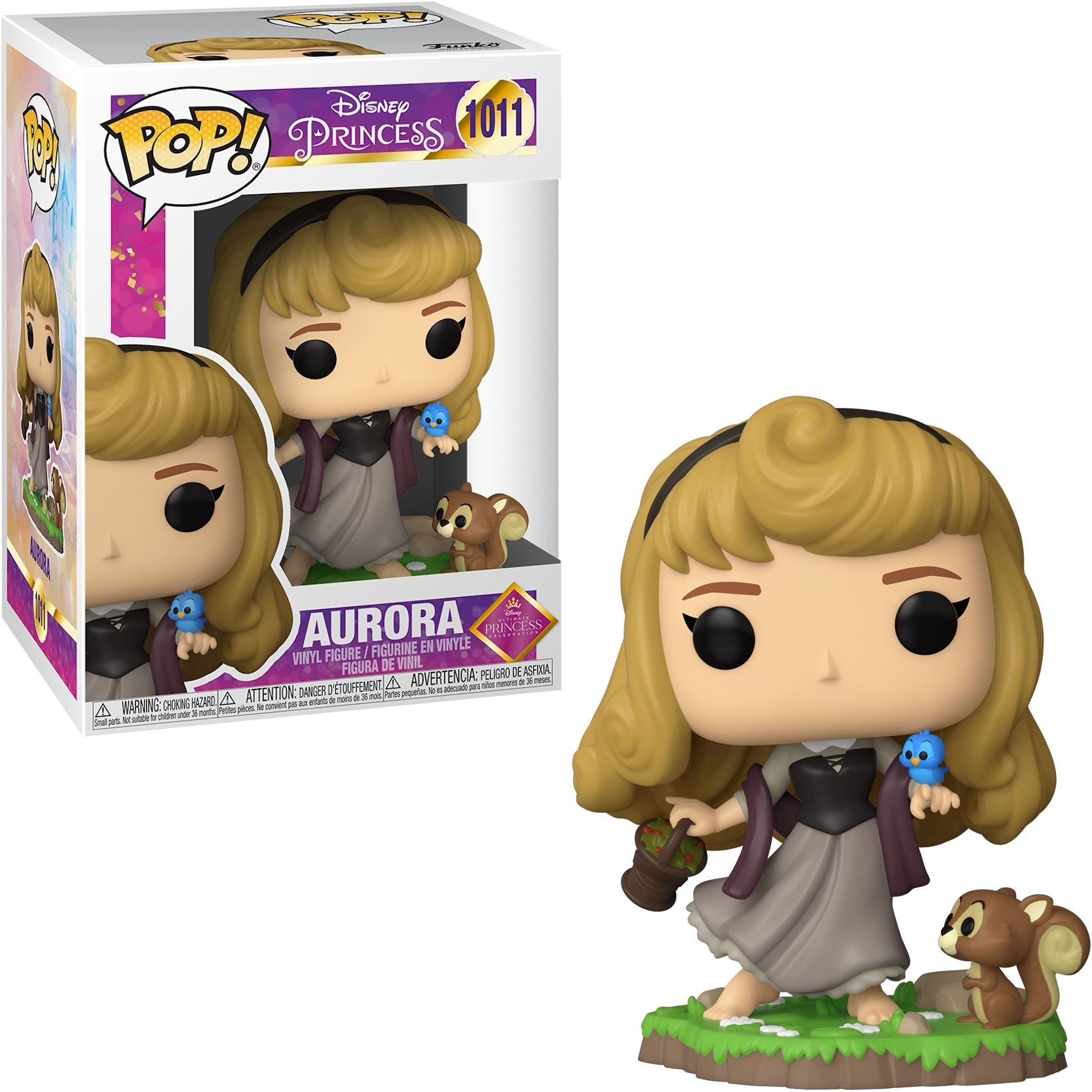 Figura de Aurora Funko Pop con caja. Sostiene una cesta y tiene un pájaro y una ardilla.