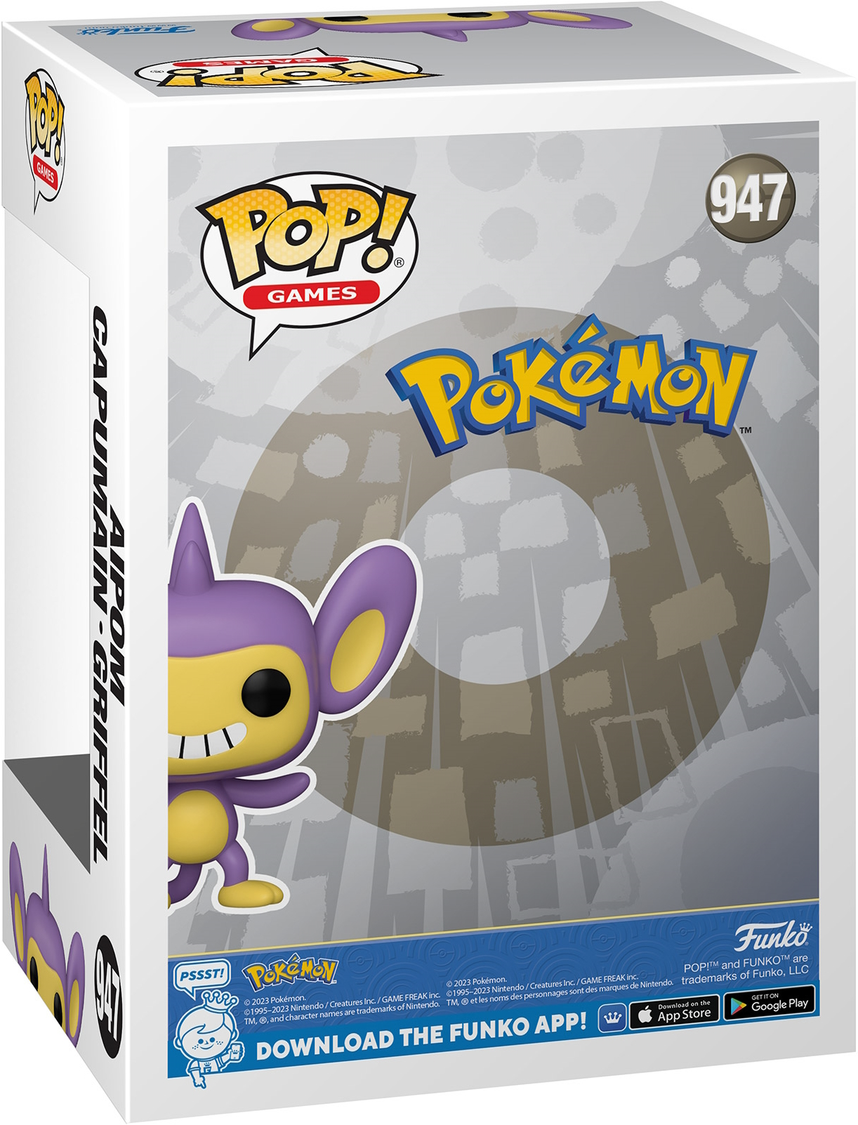 Una scatola Funko Pop con una figura di Capumain e Aipom Pokémon.