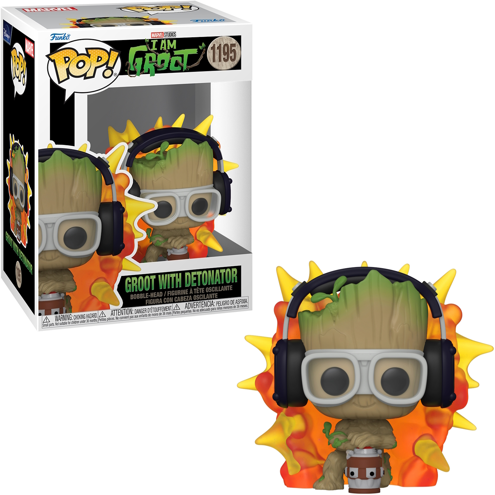 Figura di Groot in una scatola e in piedi, con cuffie e occhiali, con un detonatore e fiamme.
