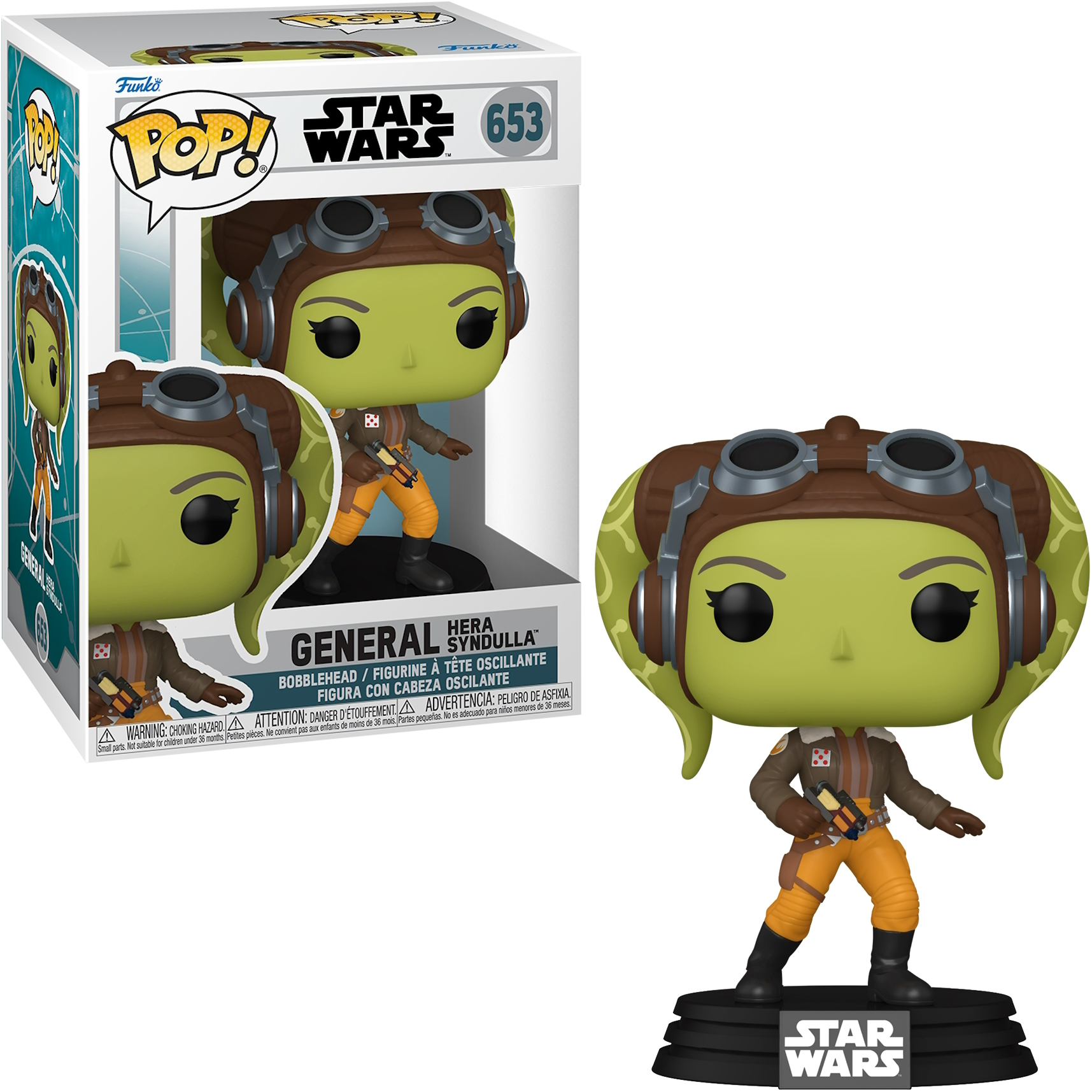 Funko Pop von Hera Syndulla in Star Wars. Grüne Haut, braune Uniform, Brille.