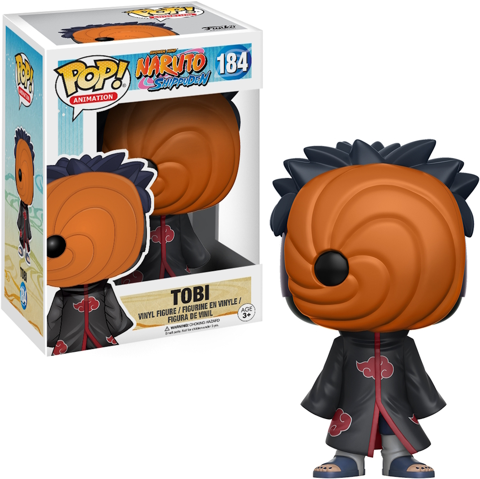 Funko Pop Figur von Tobi aus Naruto, in einer Box. Figur trägt einen schwarzen Umhang.