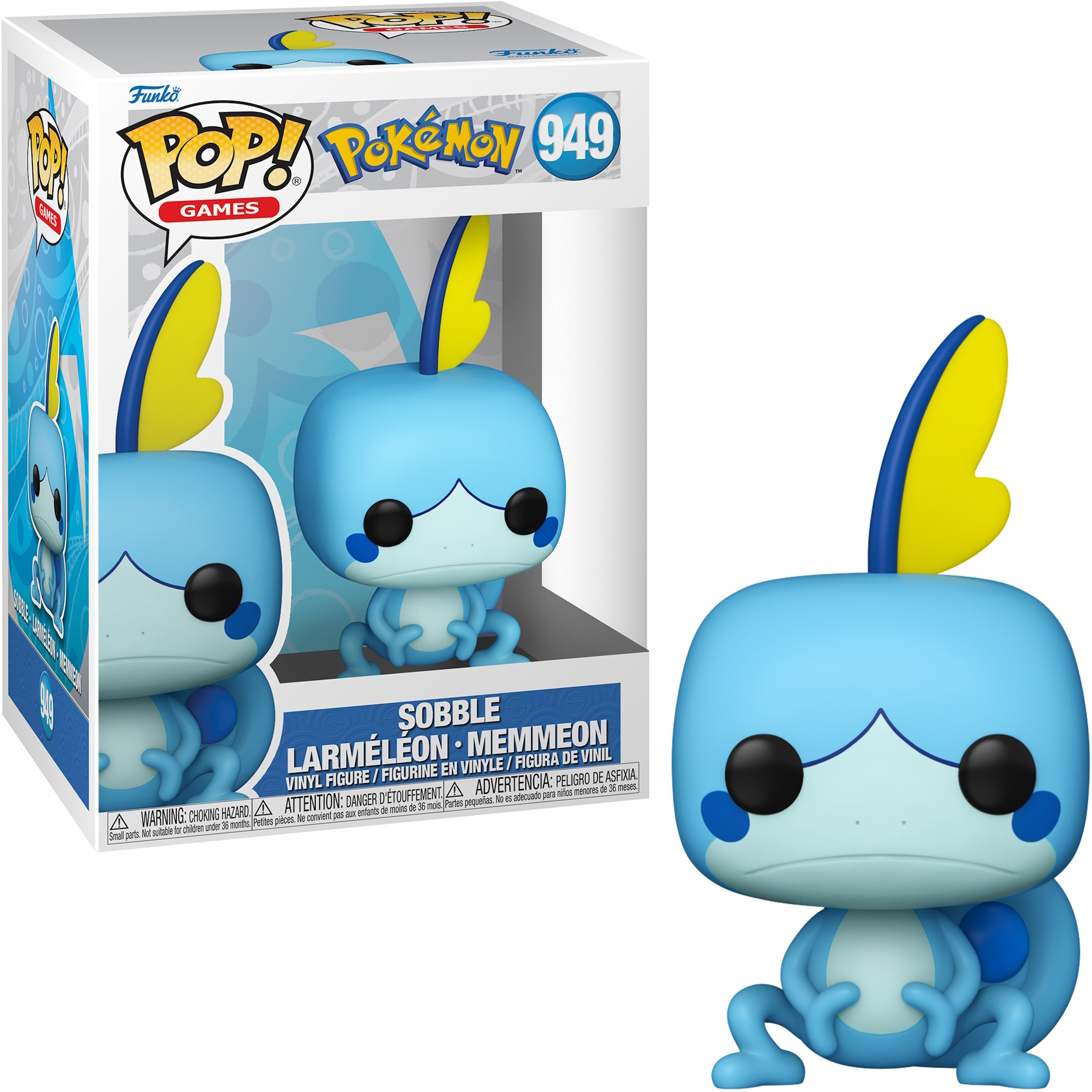 Funko Pop von Sobble aus Pokémon, eine blau-gelbe Figur.