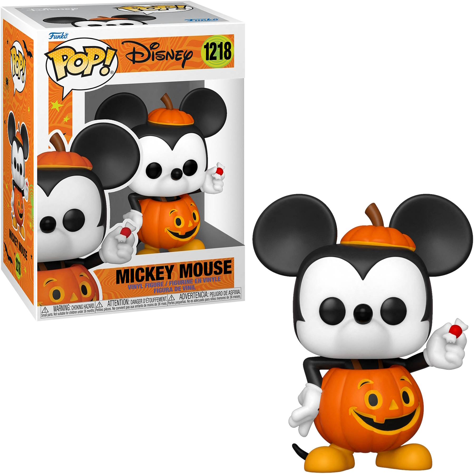 Funko Pop! Personaggio di Mickey Mouse Disney in costume da zucca. La scatola mostra il personaggio. Il personaggio tiene una caramella.
