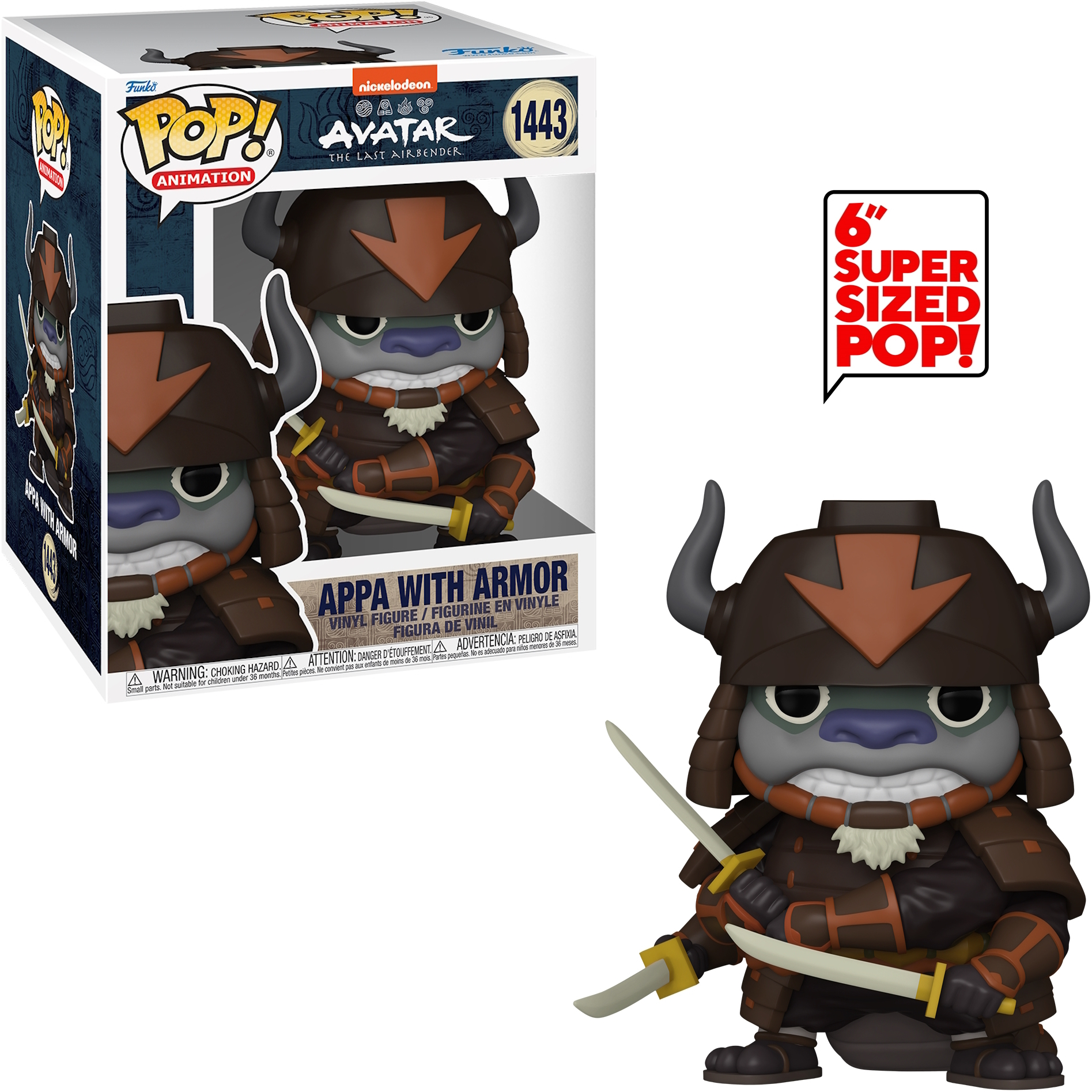 Figura Funko Pop! di Appa con armatura da Avatar. La scatola è mostrata accanto alla figura.