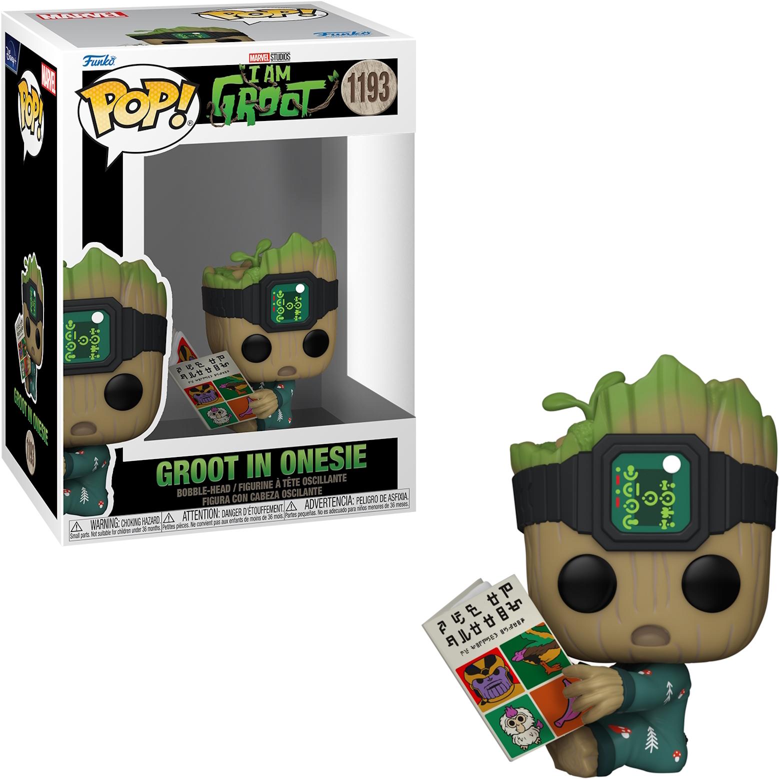 Figura Funko Pop di Groot in una scatola. Groot tiene un foglio. Colori verde e marrone.