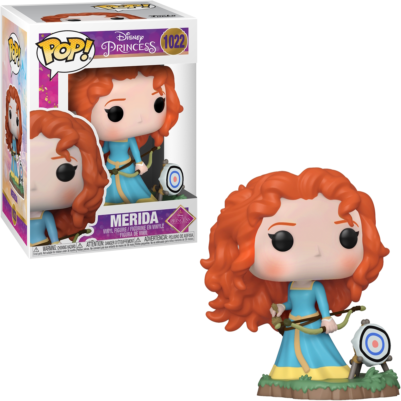 Figura de Merida en caja y fuera, sosteniendo un arco y flecha.