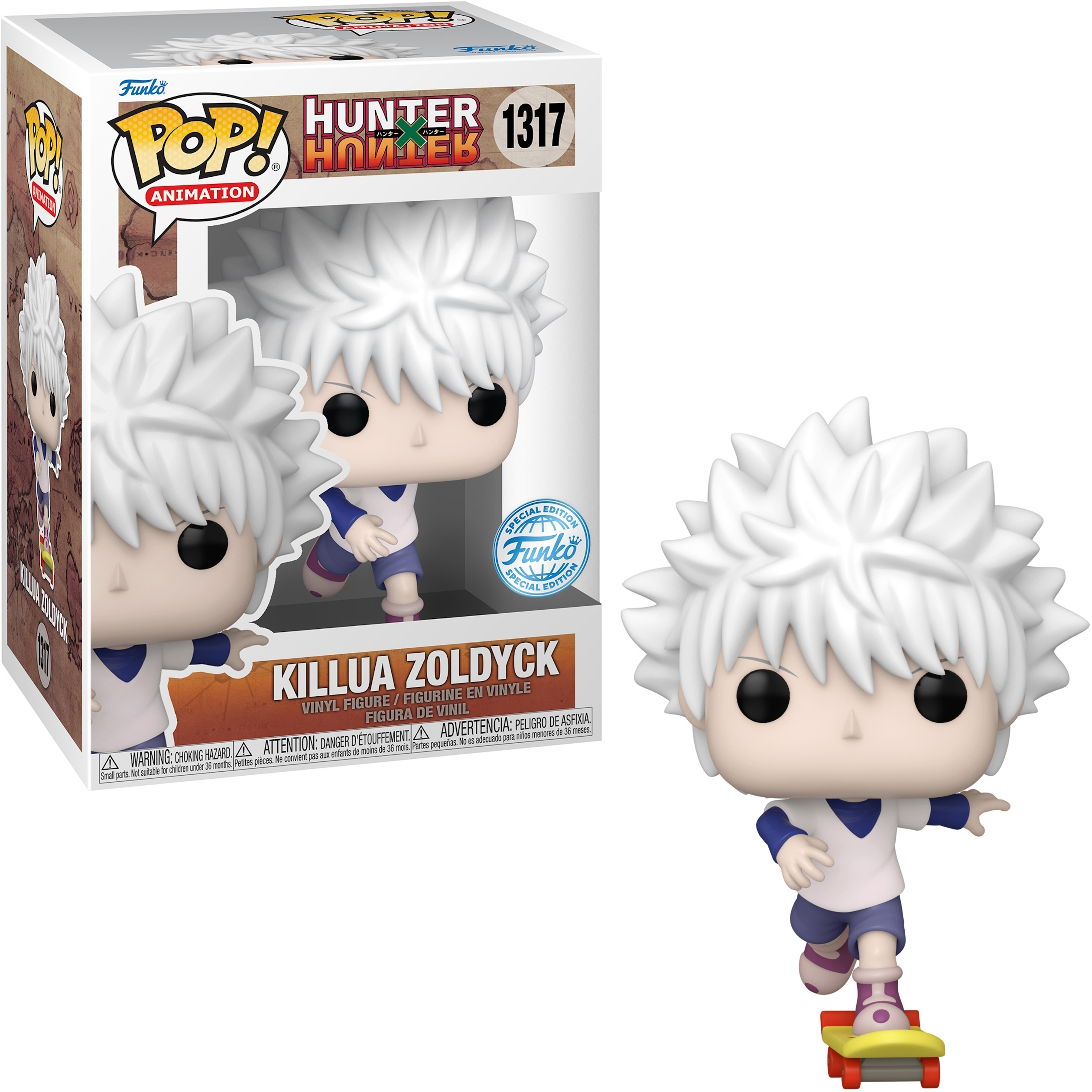Figura Funko Pop di Killua Zoldyck, in scatola. Figura sullo skateboard. Da Hunter x Hunter.