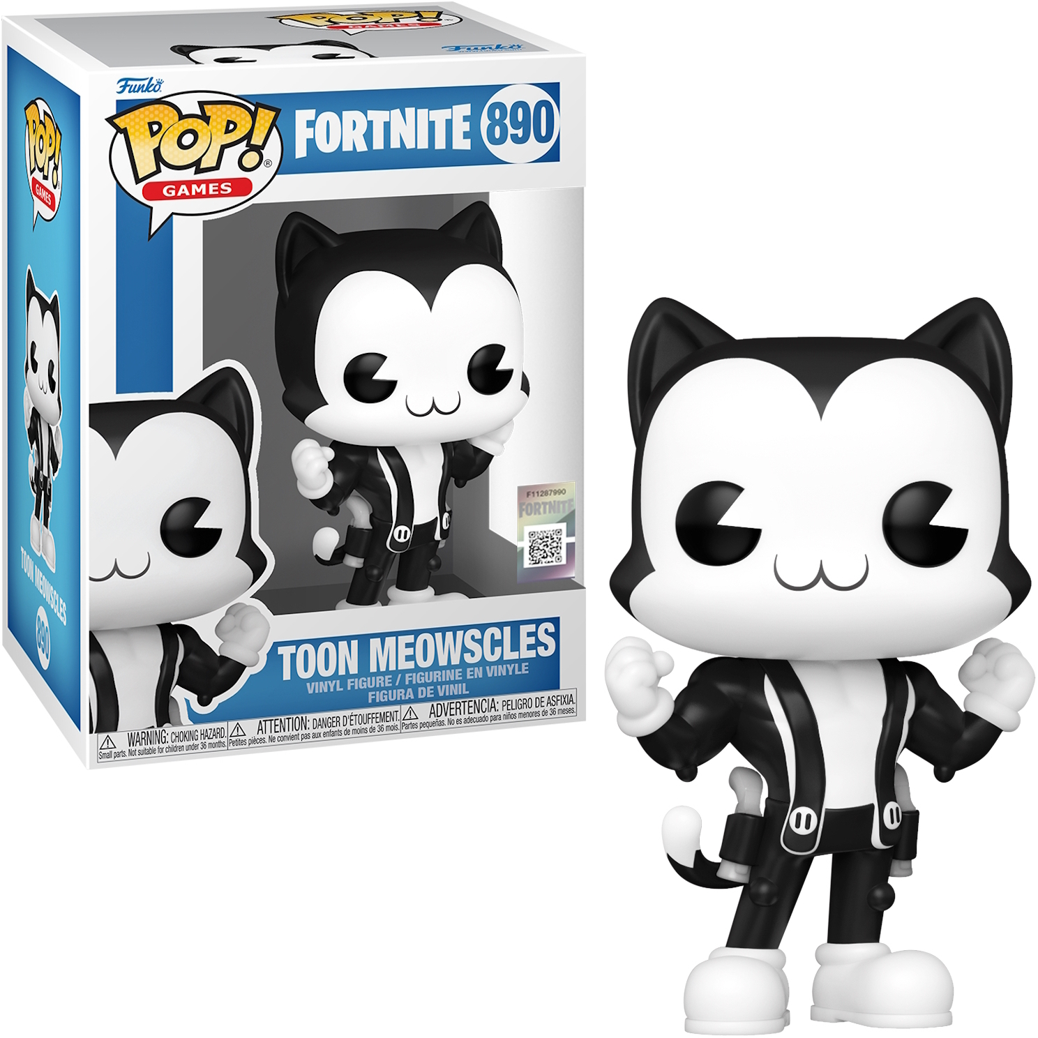Eine Funko Pop Figur von Toon Meowscles aus Fortnite, eine schwarz-weiße Katze mit einer Box.