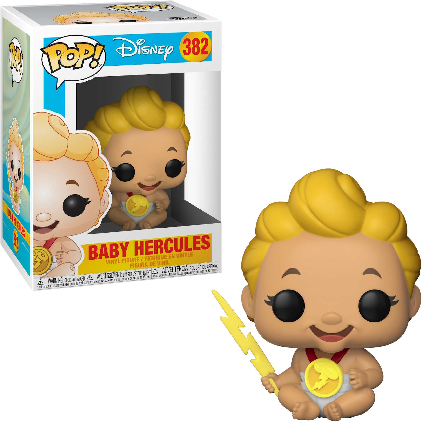 Baby-Hercules-Figur, die einen gelben Blitz hält. Trägt eine Medaille und eine Windel.