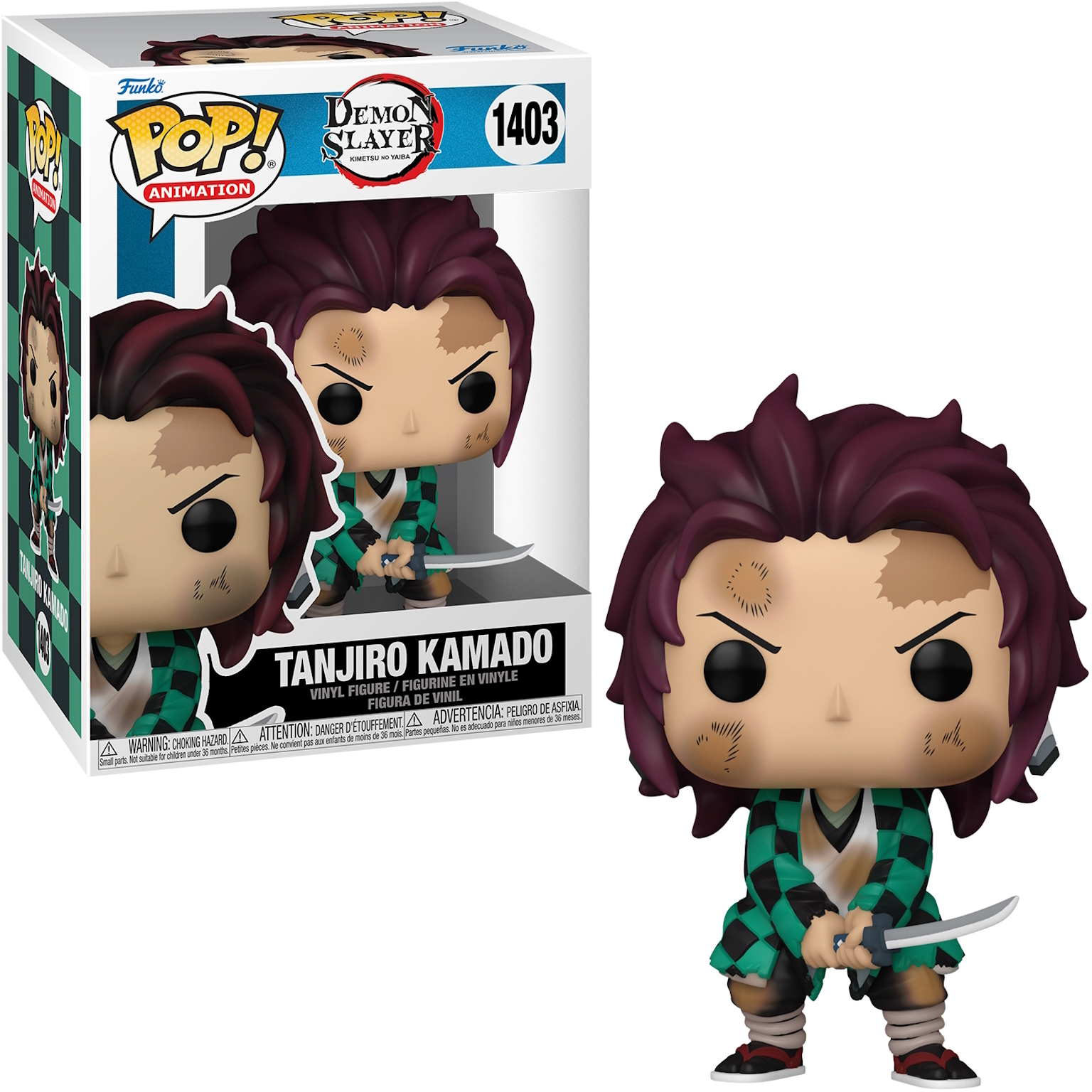 Tanjiro Kamado-figuur in en uit een doos, met een zwaard.